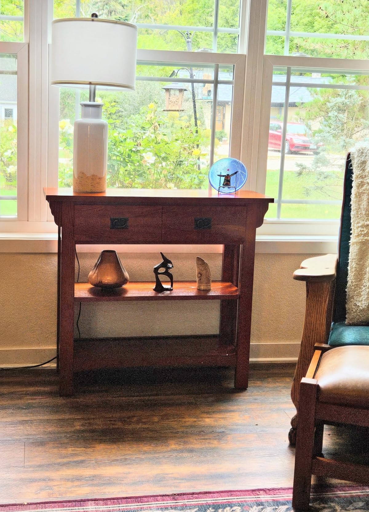 Leick Home Mission Impeccable Bookshelf, Solid Wood, 2 Drawers, 2 Shelves, Slatted Sides, Blackened Hardware, Easy Assembly, Russet Brown, 12 in D x 34 in W x 30 in H, Item 8261 customer photo 2