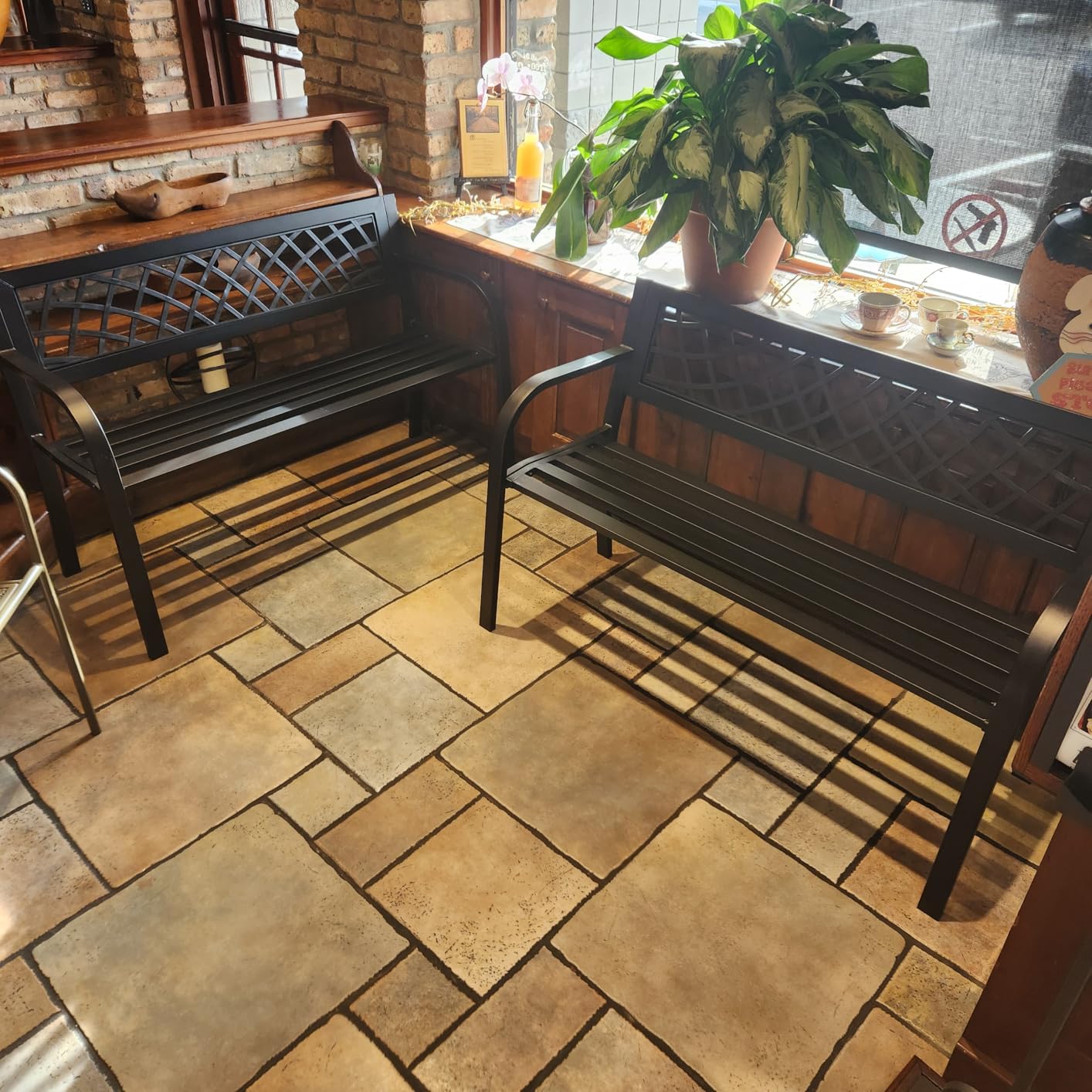 Garden Bench, Outdoor Benches, Iron Steel Frame Patio Bench with Mesh Pattern and Plastic Backrest Armrests for Lawn Yard Porch Work Entryway, Black customer photo 2