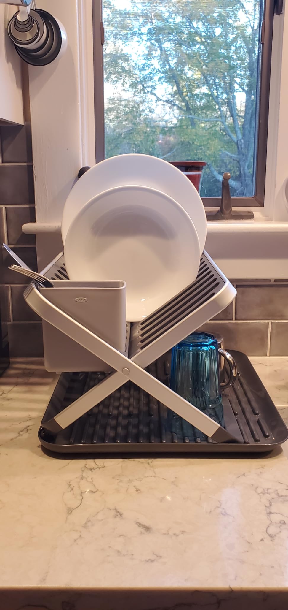 OXO Good Grips Aluminum Fold Flat Dish Drying Rack, 2-Tier, with Drainboard, for Kitchen Counter, Collapsible customer photo 1