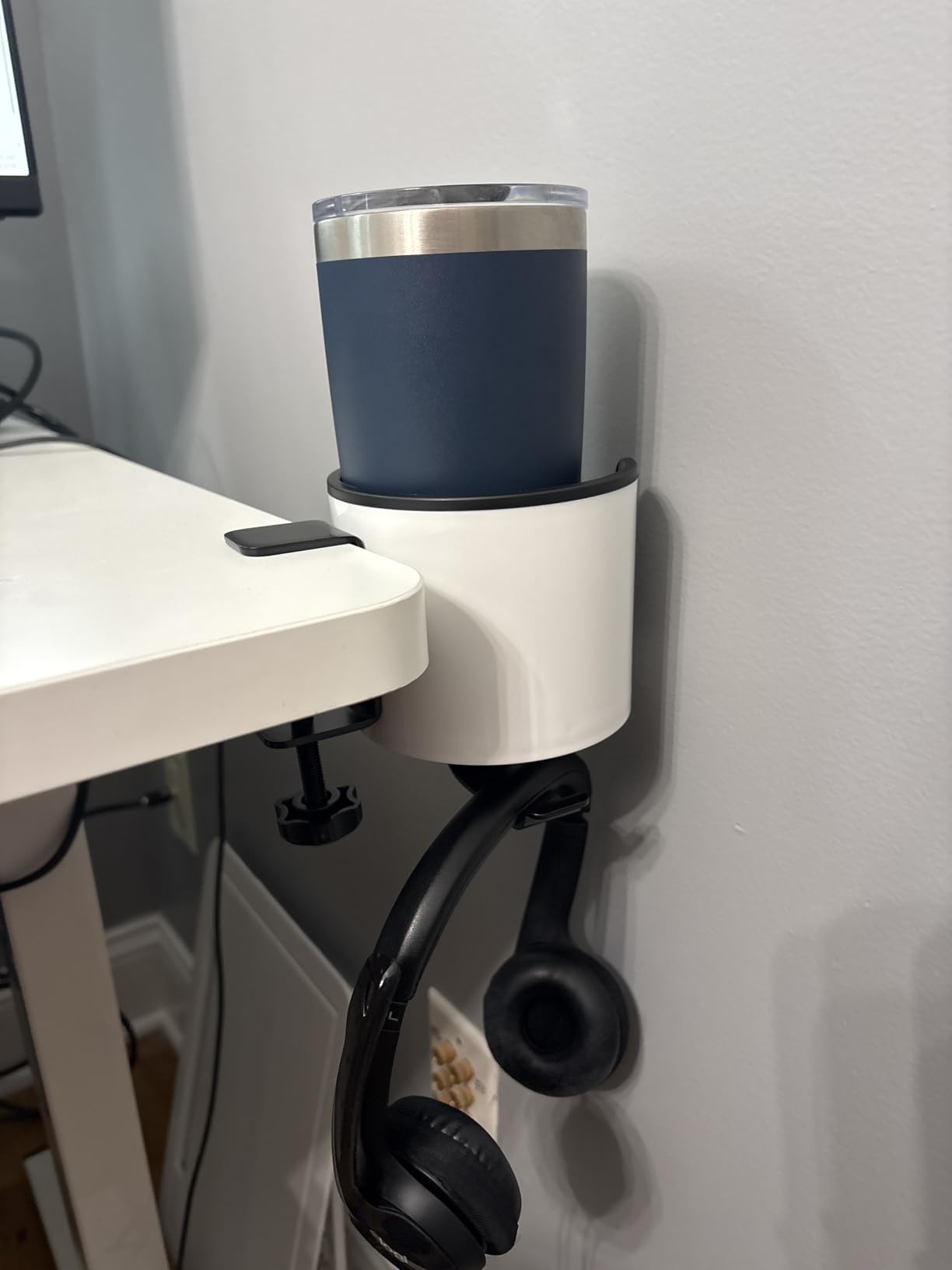 GUNKING Luxury 2-in-1 Anti-Spill Cup Holder with Under Desk Headphone Hanger (White) customer photo 1