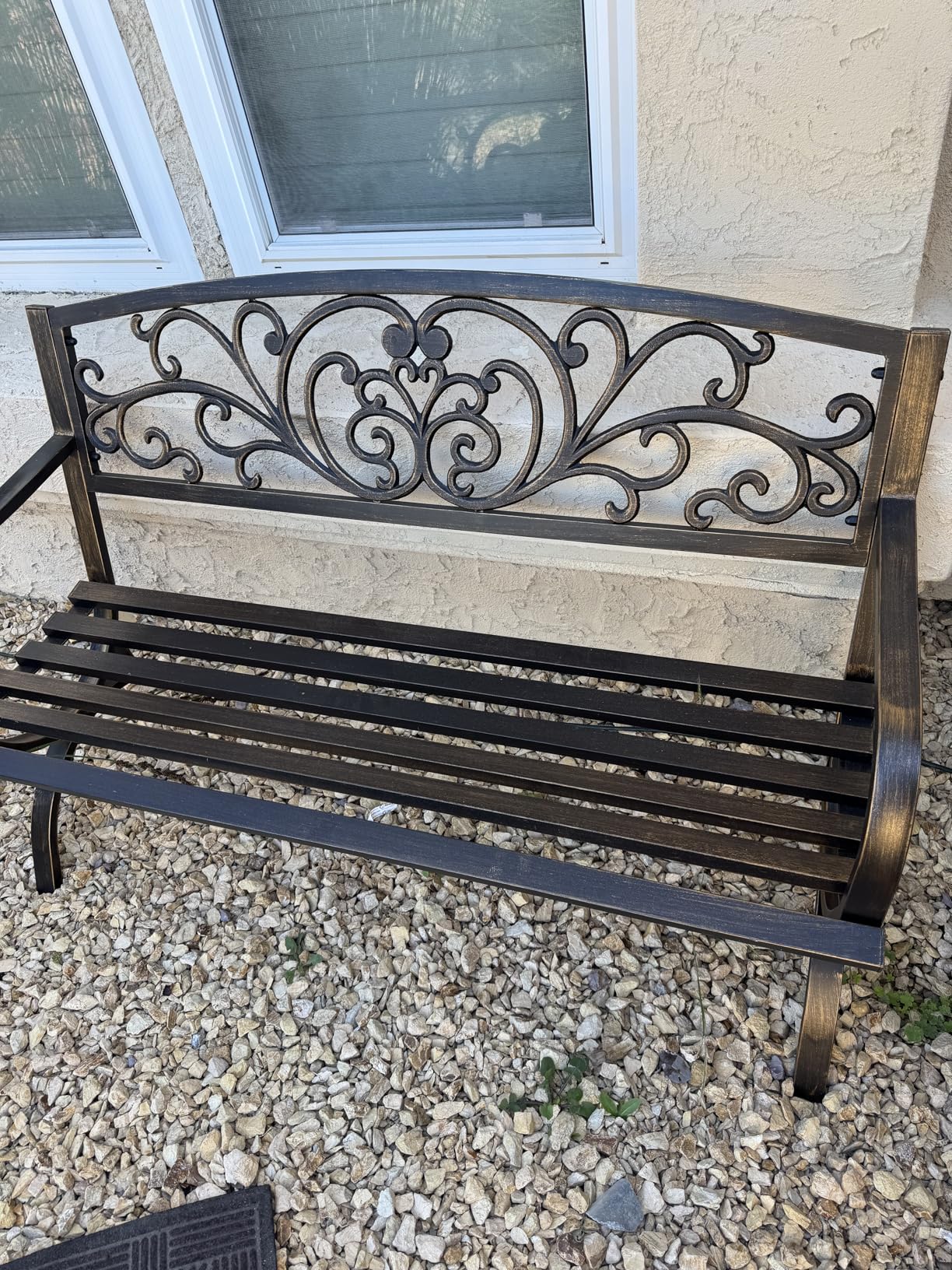 MFSTUDIO 50 Inches Outdoor Garden Bench, Cast Iron Metal Frame Patio Park Bench with Floral Pattern Backrest, Arch Legs for Porch, Lawn, Yard-Bronze customer photo 1