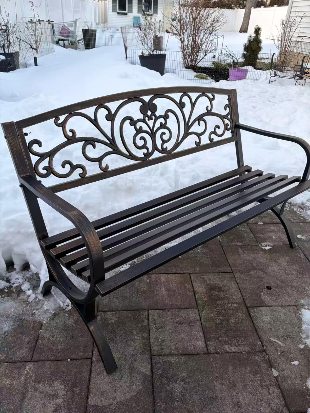 MFSTUDIO 50 Inches Outdoor Garden Bench, Cast Iron Metal Frame Patio Park Bench with Floral Pattern Backrest, Arch Legs for Porch, Lawn, Yard-Bronze customer photo 2
