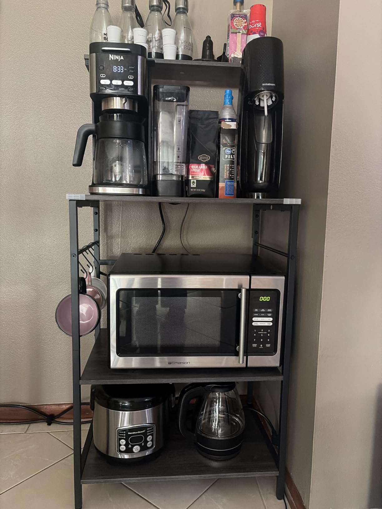 SUPERJARE Kitchen Bakers Rack with Power Outlet, Coffee Bar Table 4 Tiers, Kitchen Microwave Stand with 6 S-shaped Hooks, Storage Shelf Rack for Spices, Pots and Pans - Rustic Brown customer photo 2