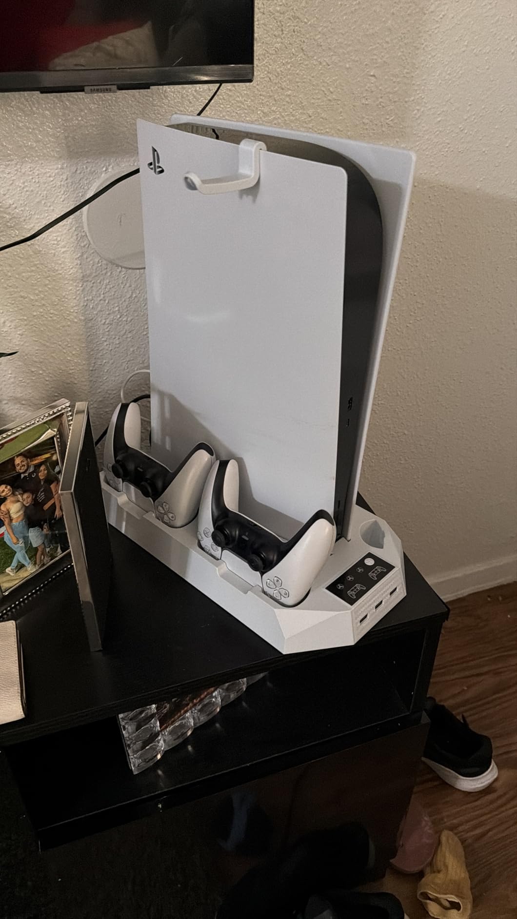 PS5/PS5 Slim/PS5 Pro Stand and Cooling Station with Dual Controller Charging Station for PlayStation 5 Console, PS5 Accessories Incl. Controller Charger, Cooling Fan, Headset Holder, 3 USB Hub, White customer photo 1