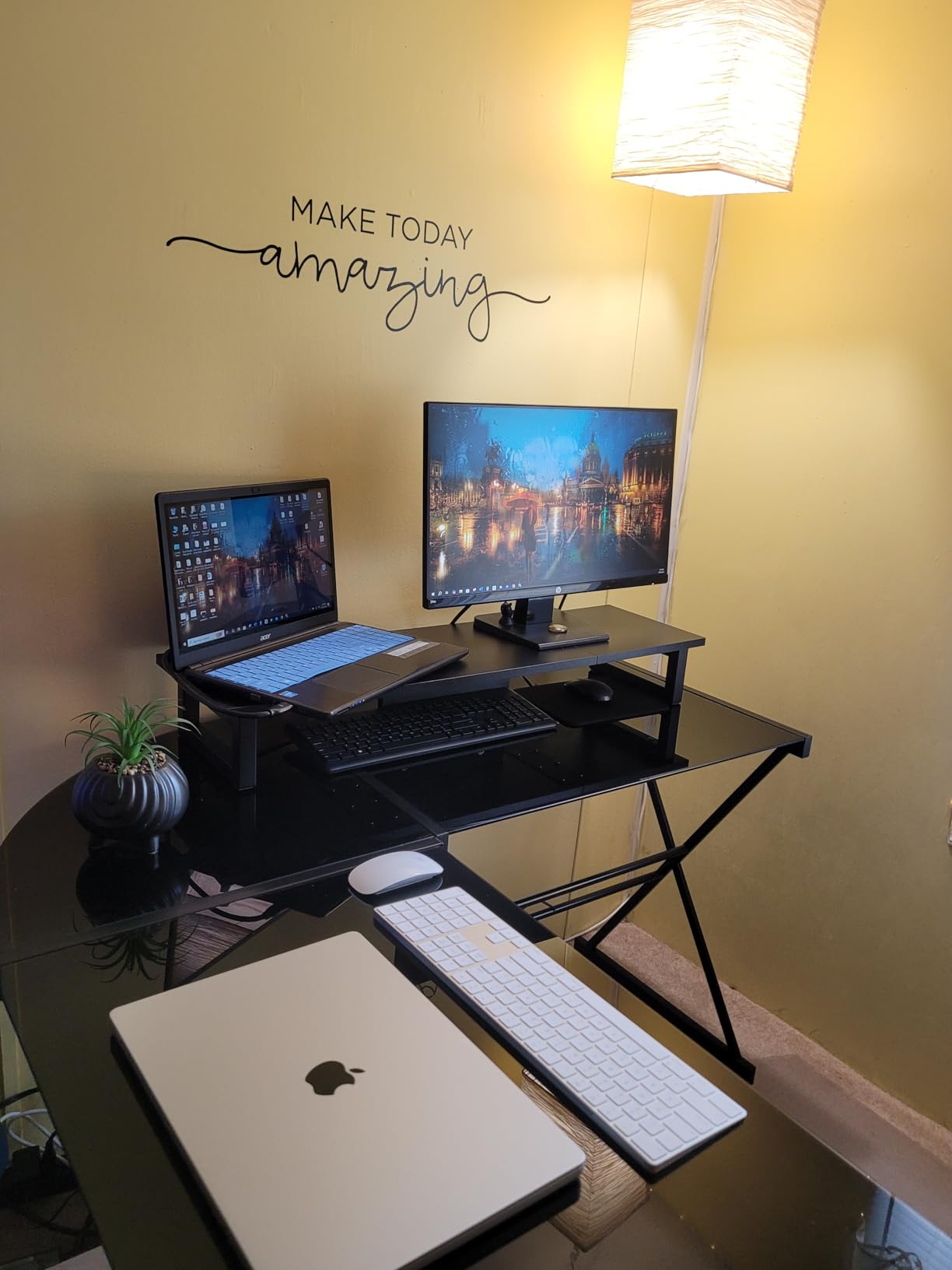 WESTREE Dual Monitor Stand Riser, Wood and Steel Multi-Purpose Desktop Storage Stand for 2 Monitors for Computer, Laptop, Printer, TV, Rustic Brown customer photo 1