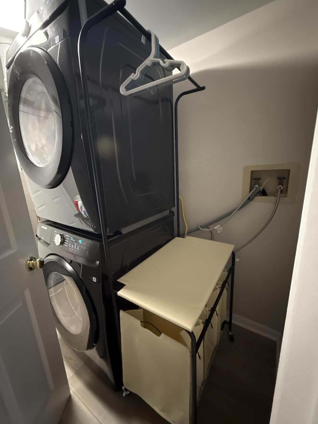 MYOYAY 3 Section Laundry Sorter with Garment Hanging Bar Rack Foldable Ironing Board, Laundry Basket Organizer Heavy Duty Laundry Hamper Rolling Cart with Lockable Wheels and 3 Removable Bags customer photo 1