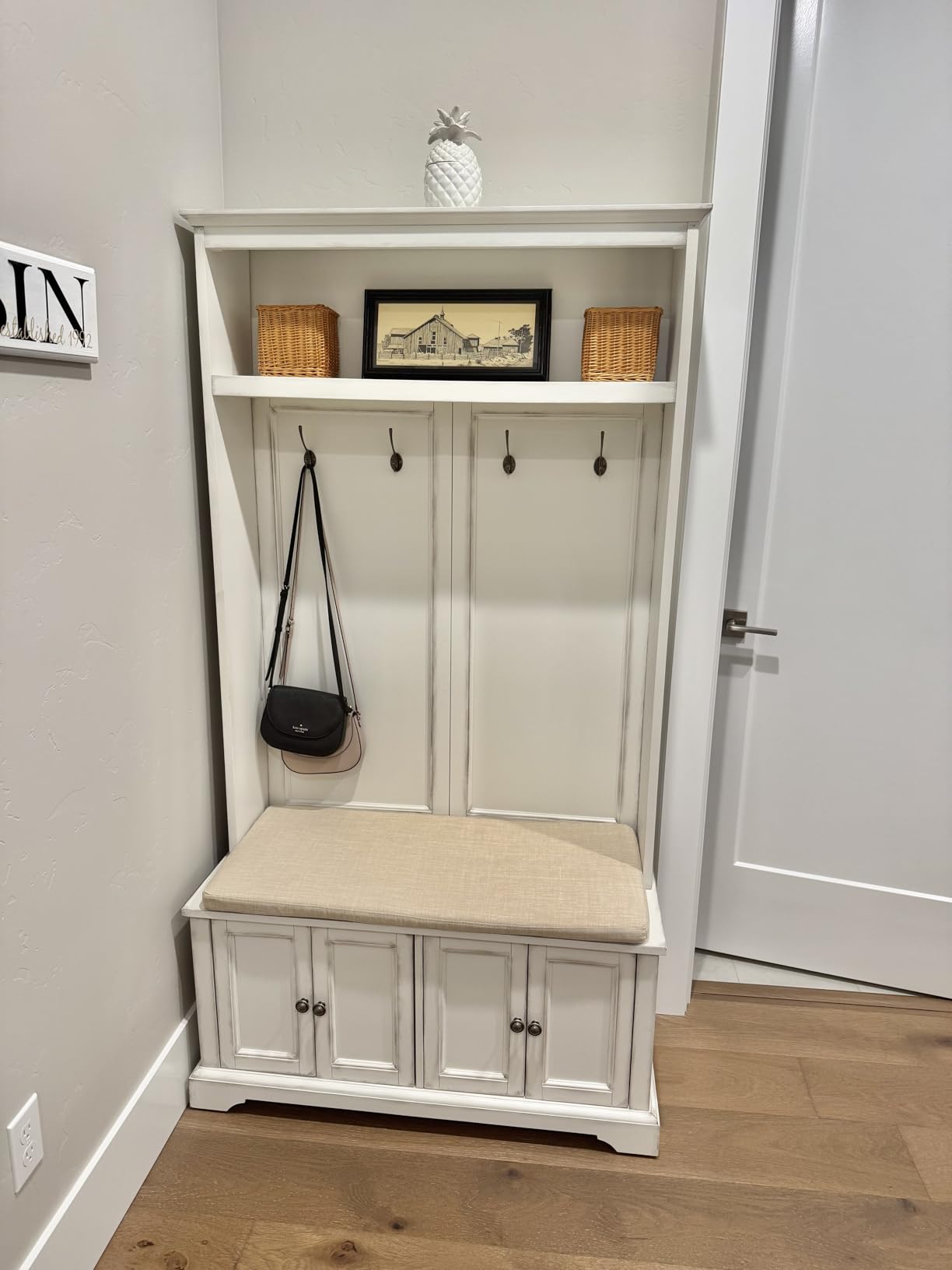 Crosley Furniture Holbrook Hall Tree with Shoe Rack Bench and Coat Hooks for Hanging Storage, Distressed Seafoam Blue customer photo 2