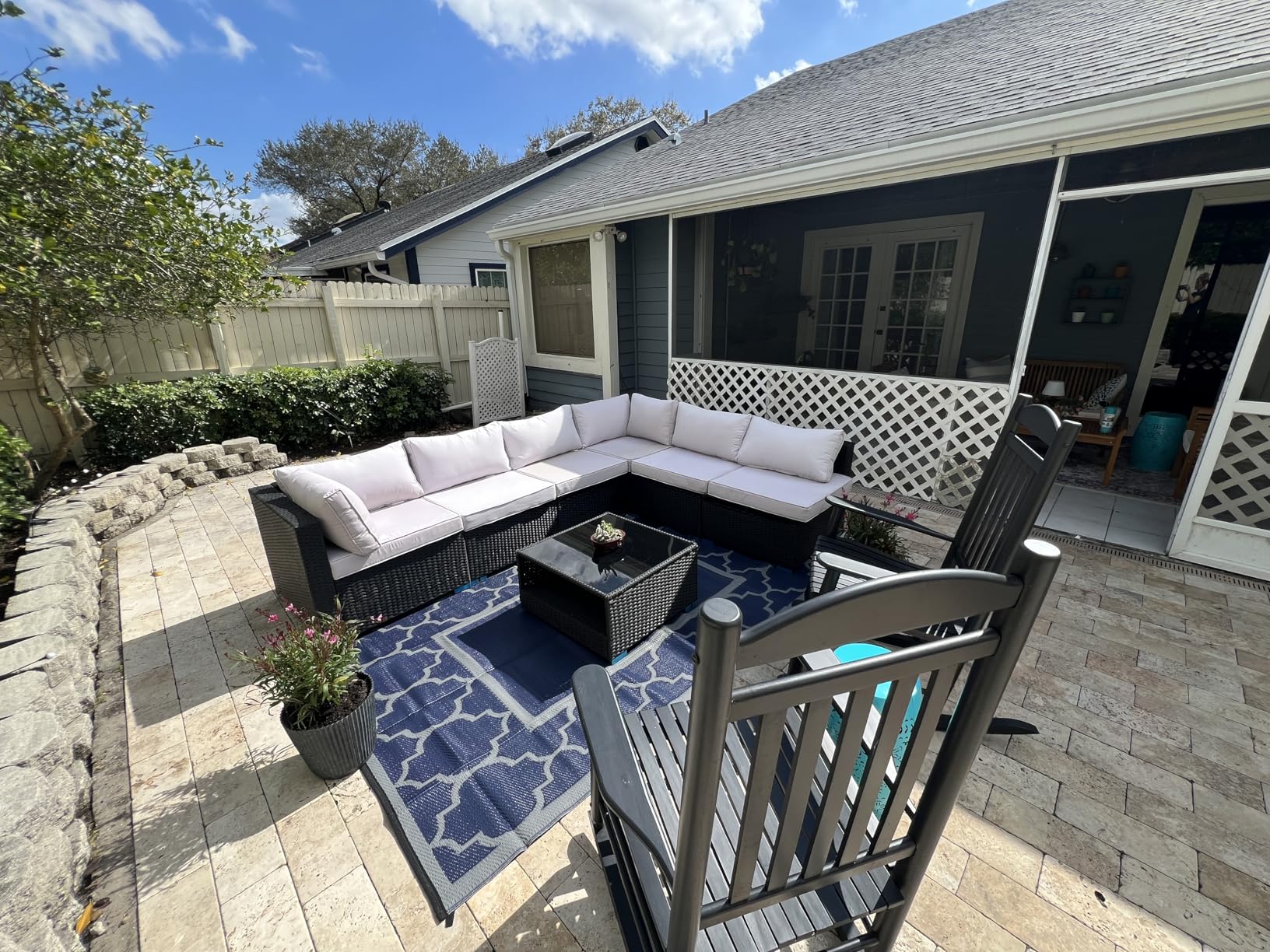 GENIMO 5' x 8' Outdoor Rug Waterproof for Patio Decor, Foldable Reversible Plastic Straw Area Rugs Mat for Camper, Outside Carpet for Rv, Deck, Porch, Picnic, Beach, Balcony, Blue & White customer photo 1