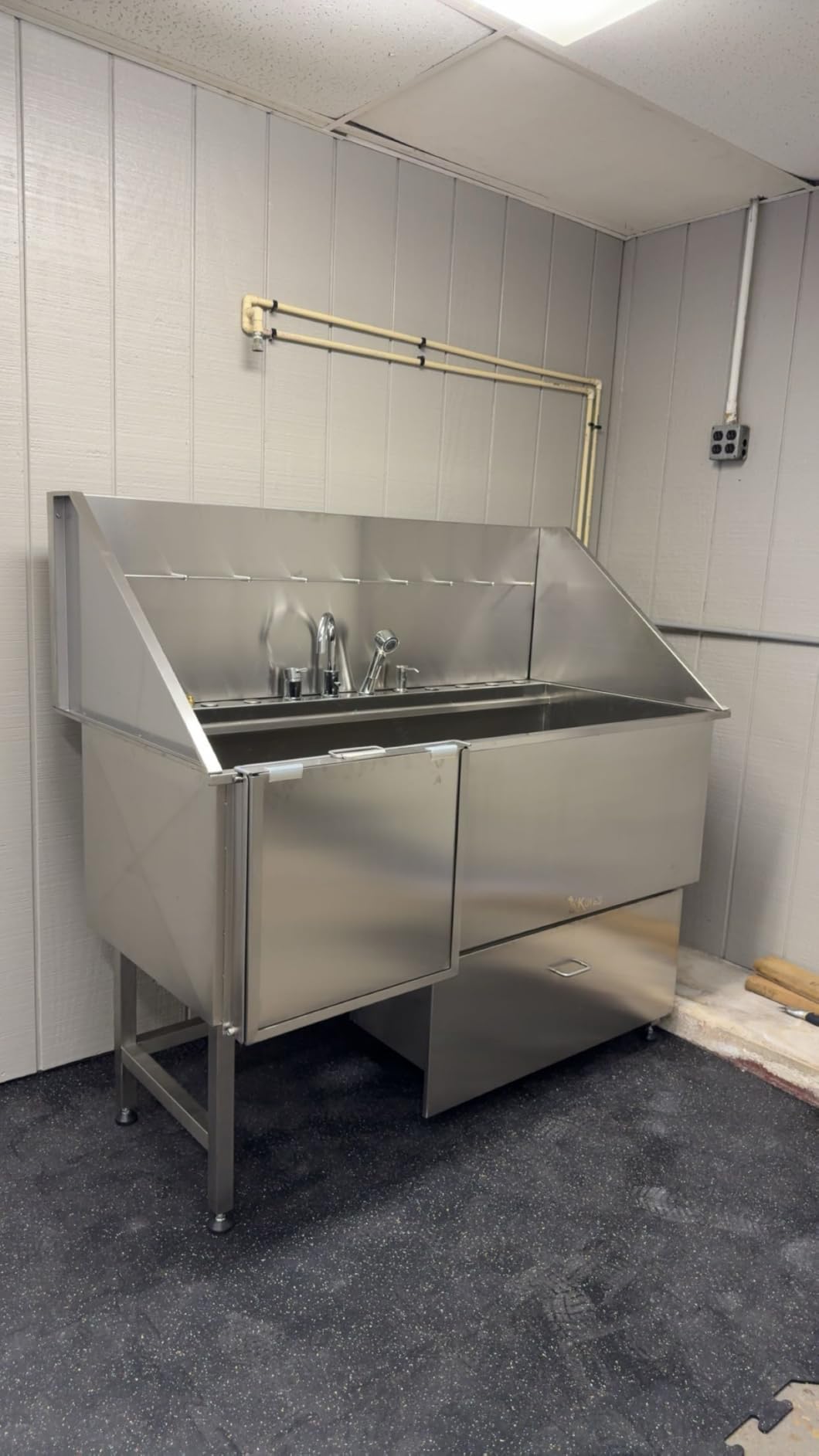 KANIS Professional Dog Washing Station - 304 Stainless Steel Pet Wash Sink & Grooming Bathtub w/Shower, Floor Grates and Storage for Large, Medium & Small Pets (50