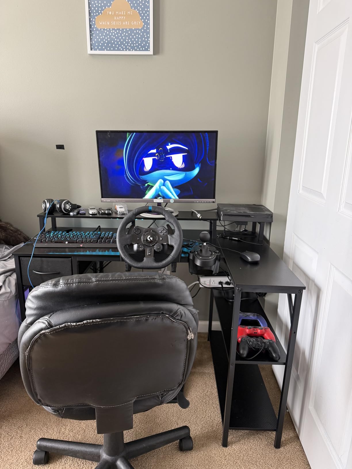 SUPERJARE 47 inch L Shaped Gaming Desk with LED Lights & Power Outlets, Reversible Computer Desk with Shelves & Monitor Stand, Corner Desk with Drawer, for Home & Office, Black customer photo 1