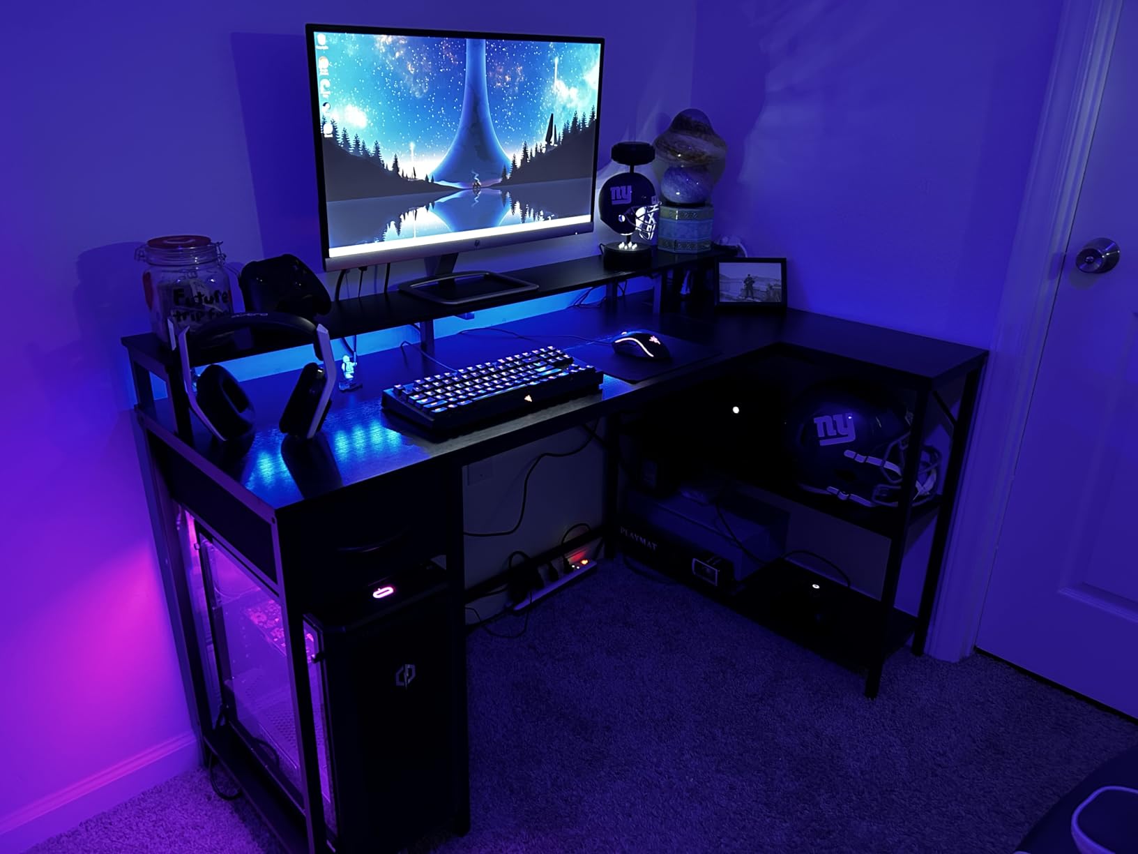 SUPERJARE 47 inch L Shaped Gaming Desk with LED Lights & Power Outlets, Reversible Computer Desk with Shelves & Monitor Stand, Corner Desk with Drawer, for Home & Office, Black customer photo 2