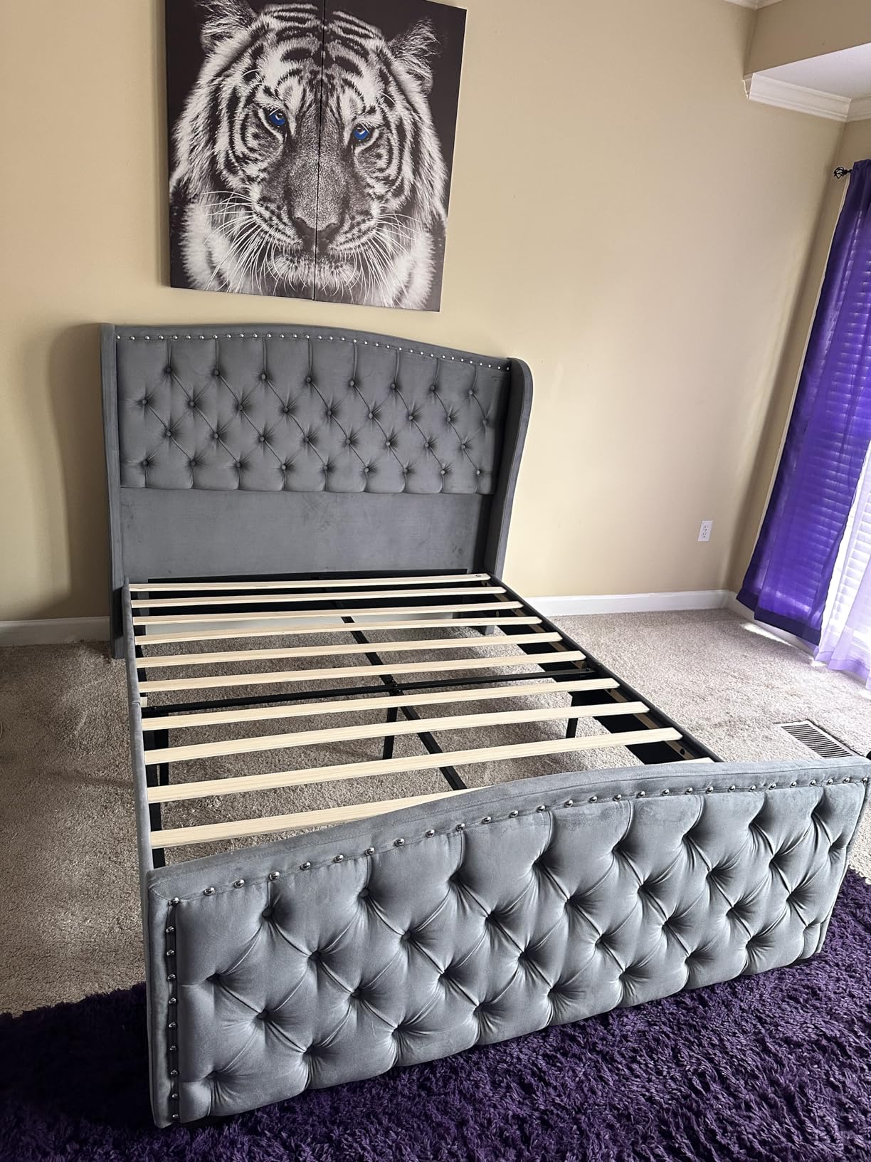 AMERLIFE Queen Size Platform Bed Frame, Velvet Upholstered Bed with Deep Button Tufted & Nailhead Trim Wingback Headboard/No Box Spring Needed/Grey customer photo 1