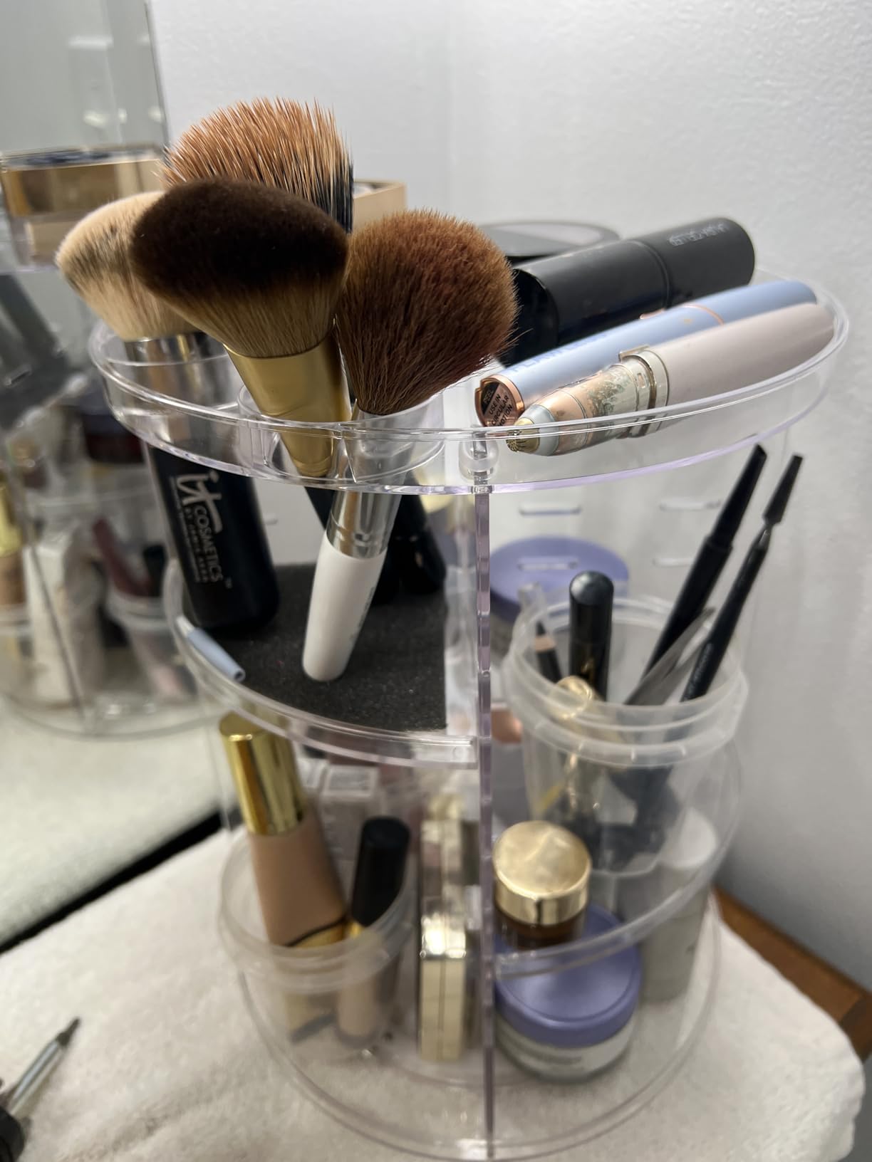 Rotating Makeup Organizer, DIY 8 Adjustable Layers Spinning Skincare Organizer, Cosmetic Display Case with Brush Holder Perfume Tray, Multi-Function Storage Carousel for Vanity Bathroom Countertop customer photo 2