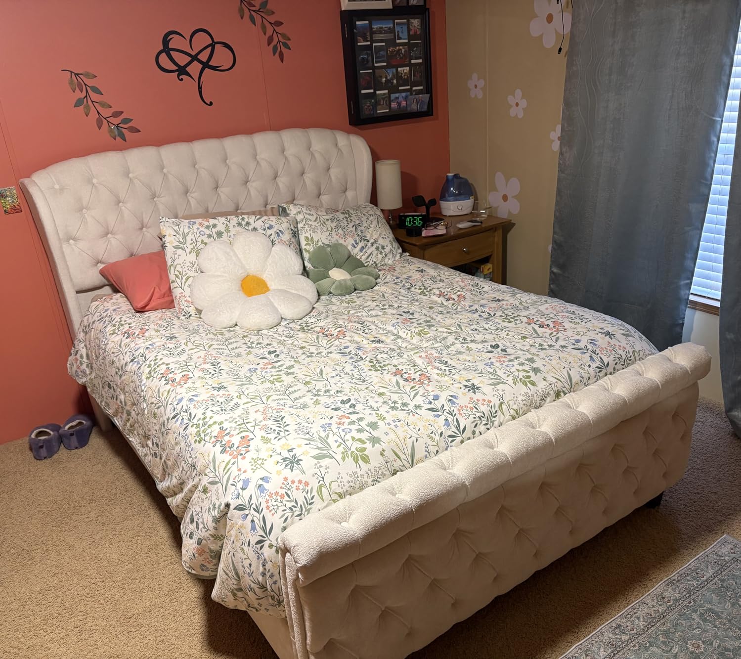 AMERLIFE King Size Platform Bed Frame, Chenille Upholstered Sleigh Bed with Scroll Wingback Headboard & Footboard/Button Tufted/No Box Spring Required/Cream customer photo 1