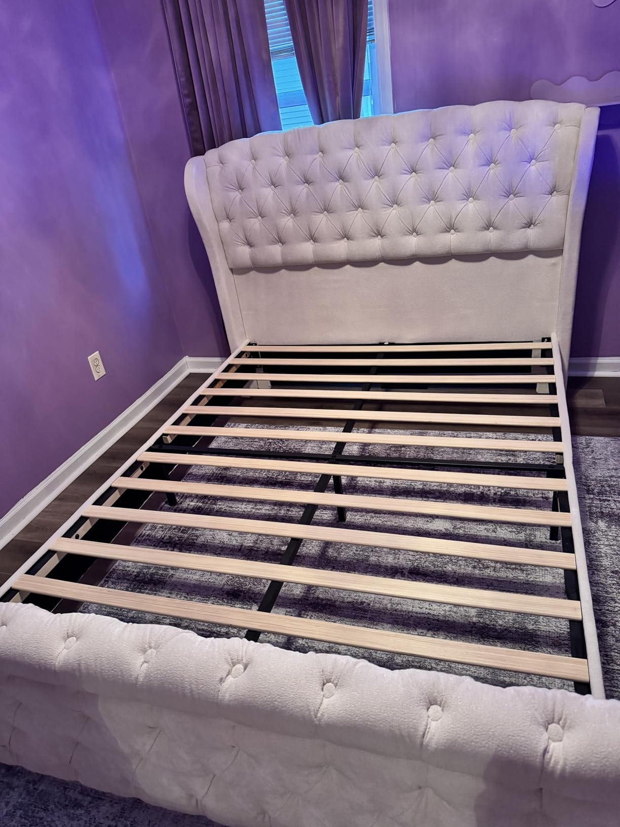 AMERLIFE King Size Platform Bed Frame, Chenille Upholstered Sleigh Bed with Scroll Wingback Headboard & Footboard/Button Tufted/No Box Spring Required/Cream customer photo 2