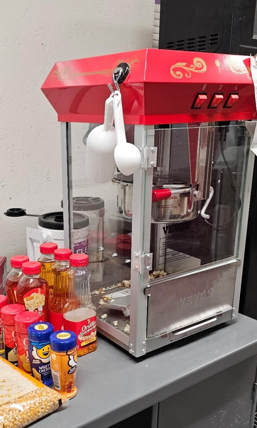 VEVOR Commercial Popcorn Machine, 12 Oz Kettle, 1440 W Countertop Popcorn Maker for 80 Cups per Batch, Theater Style Popper with 3-Switch Control Steel Frame Tempered Glass Doors 1 Scoop 2 Spoons, Red customer photo 1