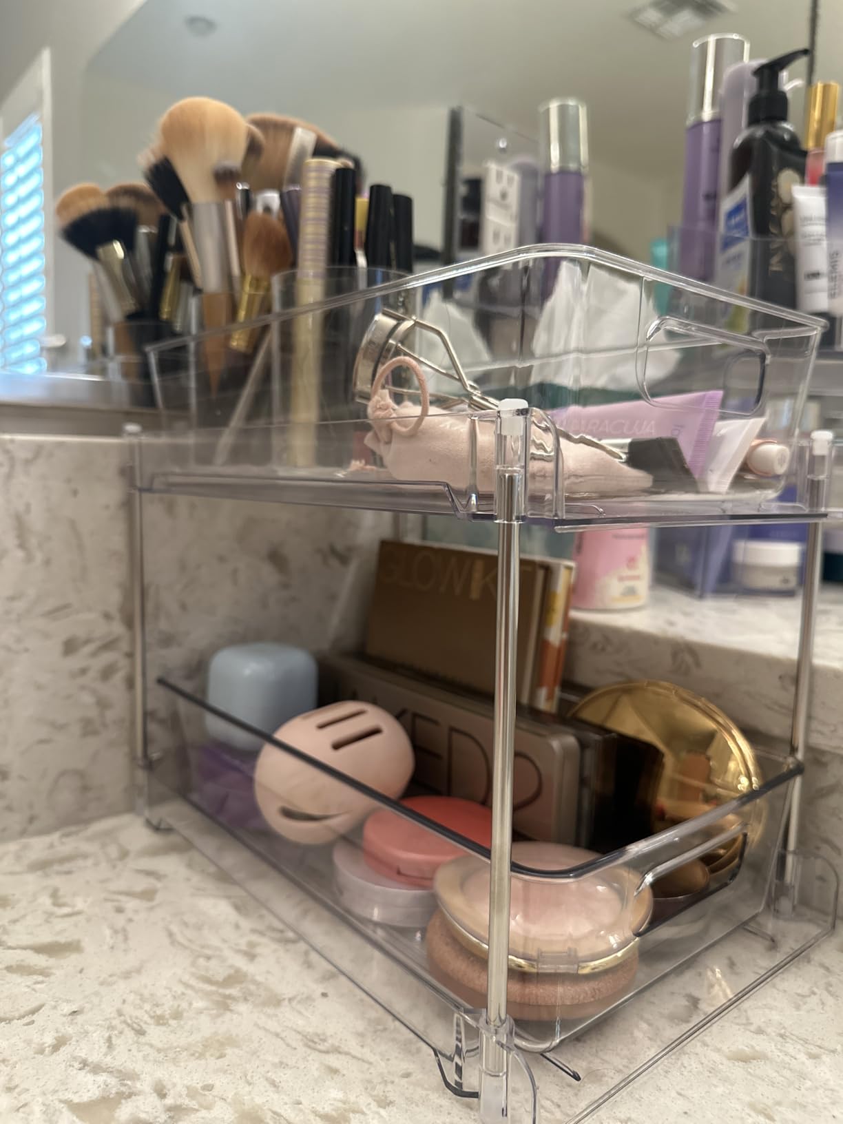 Vtopmart 2 Tier Bathroom Storage Organizer, 2 Pack Clear Under Sink Organizers Vanity Counter Storage Container, Cabinet Drawers Bins, Pull-Out Organization with Track for Pantry, Kitchen customer photo 2