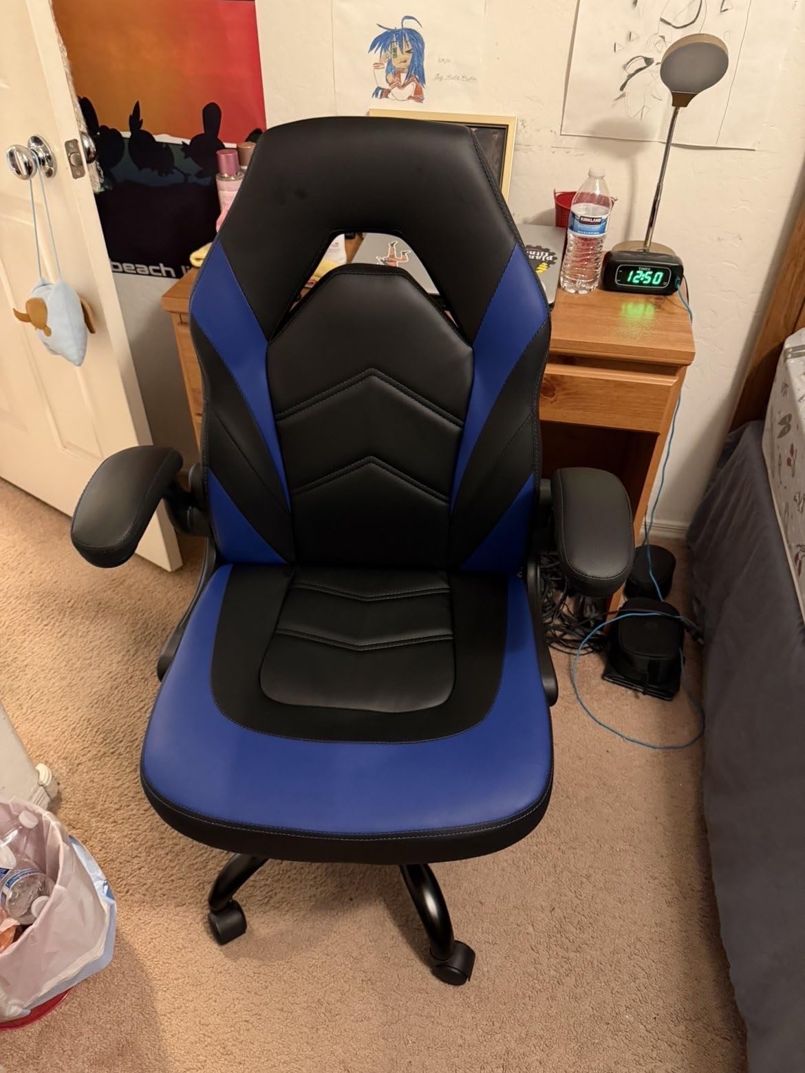 Sweetcrispy Computer Video Game Chair - Ergonomic Home Office with Comfy Lumbar Support, PU Leather Height Adjustable with Flip-up Armrest and 360° Swivel Wheels, Blue, for Adults, Teens customer photo 1