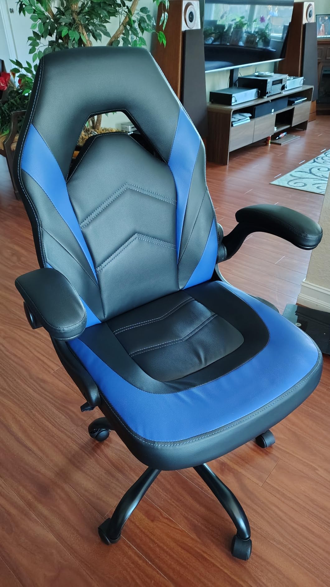 Sweetcrispy Computer Video Game Chair - Ergonomic Home Office with Comfy Lumbar Support, PU Leather Height Adjustable with Flip-up Armrest and 360° Swivel Wheels, Blue, for Adults, Teens customer photo 2