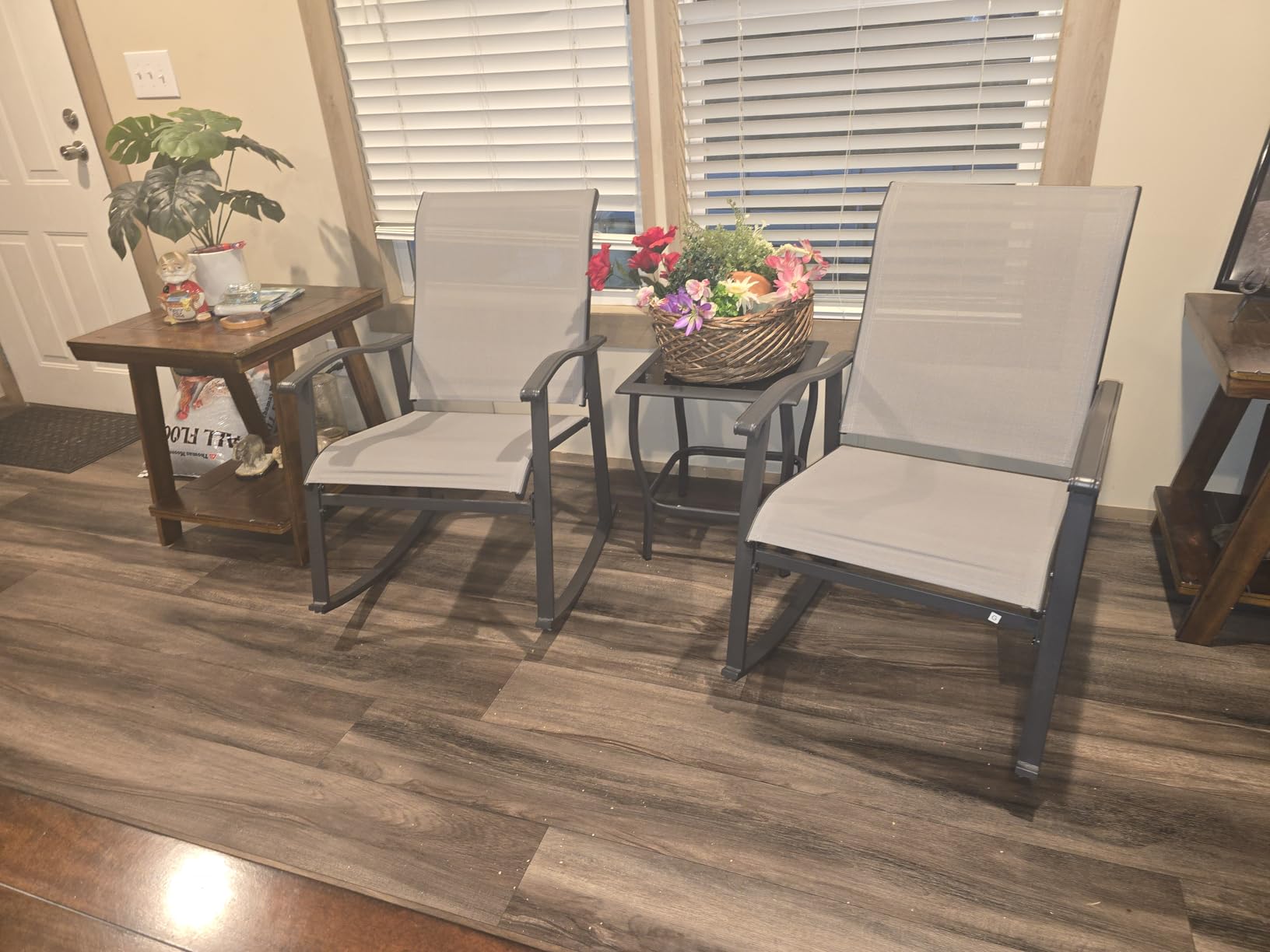 Vongrasig 3 Piece Outdoor Rocking Bistro Set, Textilene Fabric Small Patio Furniture Set, Front Porch Rocker Chairs Conversation Set with Glass Table for Lawn, Garden, Balcony, Poolside (Light Gray) customer photo 1