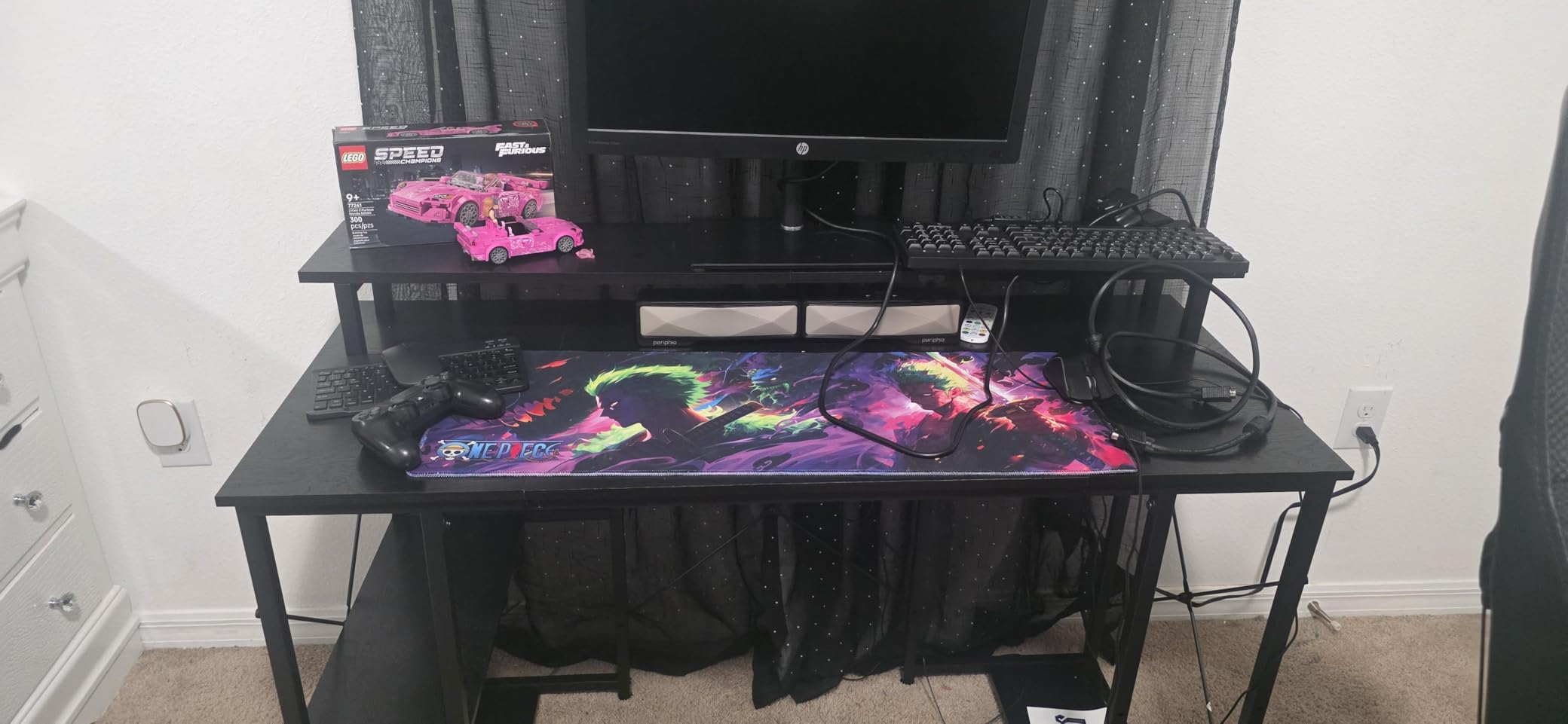 ODK 48 inch Gaming Desk with LED Lights & Power Outlets, Computer Desk with Monitor Stand & Storage Shelves, CPU Stand, Home Office Desk, Black customer photo 2