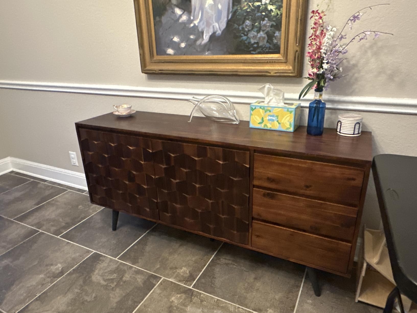 Bme Sideboard Georgina Solid Wood 2 Doors & 3 Drawers, 61'' Mid Century Modern Cabinet with Geometric Pattern for Kitchen, Dining, Living Room, Teak Brown customer photo 1