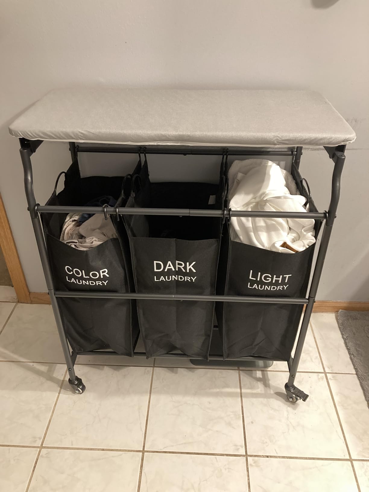 Hoctieon 3 Section Laundry Sorter Cart with Ironing Board, Laundry Hamper with Shelf and Rolling Wheels, Heavy Duty Laundry Basket Organizer, Large Clothes Separator Hamper with Removable Bags, Black customer photo 1