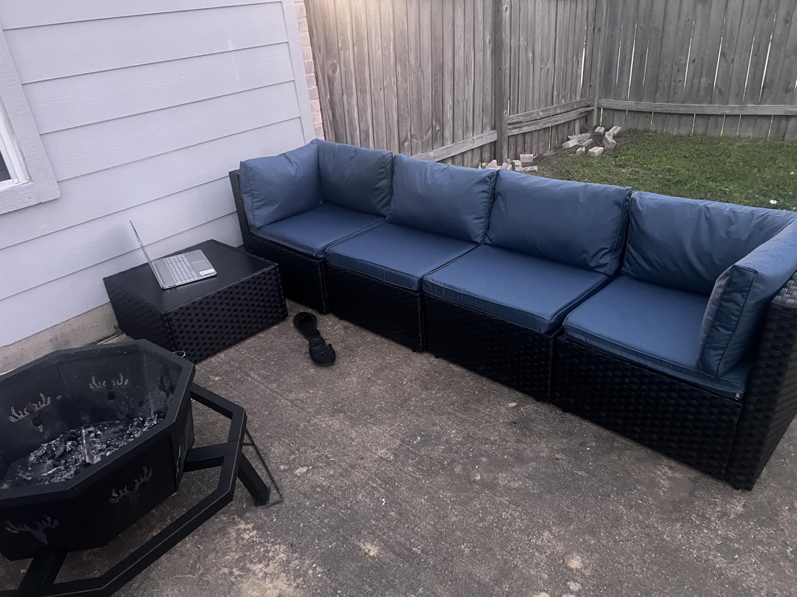 Shintenchi 5 Pieces Outdoor Patio Sectional Sofa Couch, PE Wicker Furniture Sets, Patio Conversation Sets with Washable Cushions Glass Coffee Table for Garden, Poolside, Backyard, Aegean Blue customer photo 2