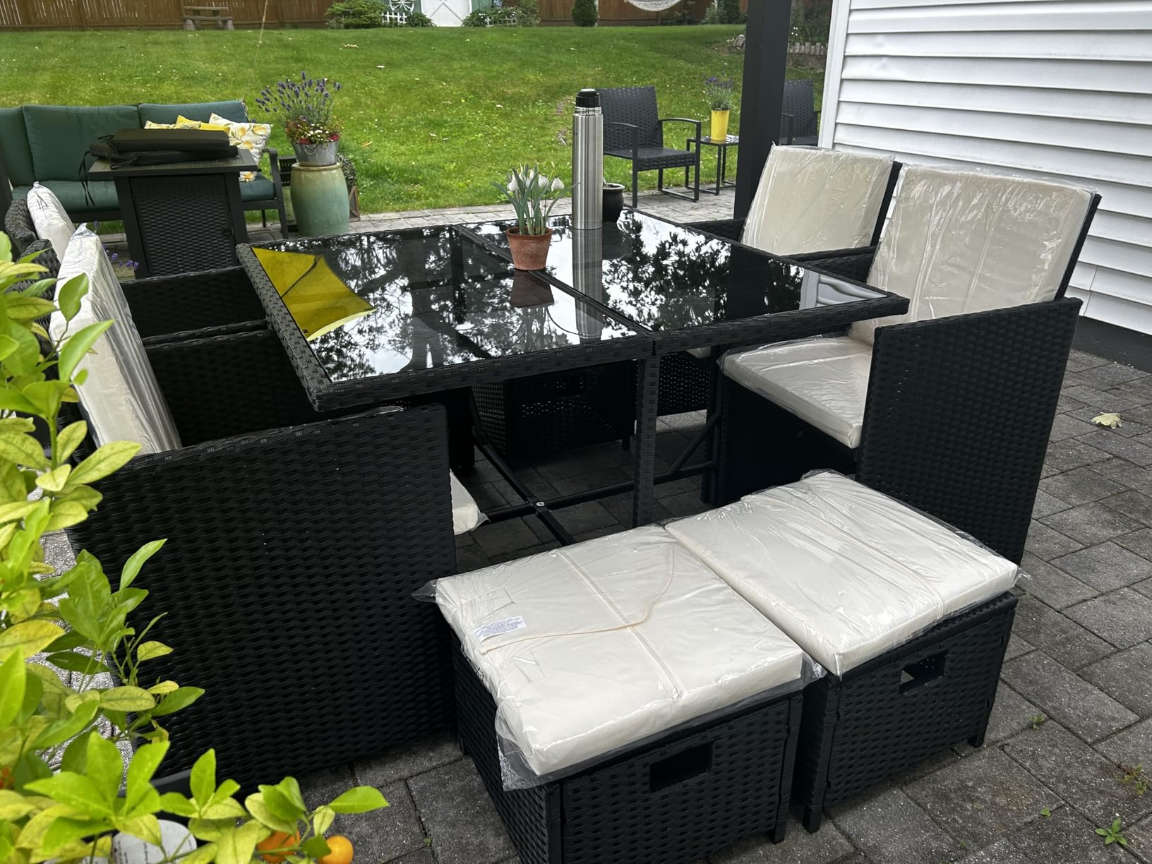Yaheetech 9-Piece Patio Dining Sets, Outdoor Space Saving Rattan Chairs with Glass Table, Wicker Sectional Conversation Furniture Set with Removeable Cushions, Black/Beige customer photo 1