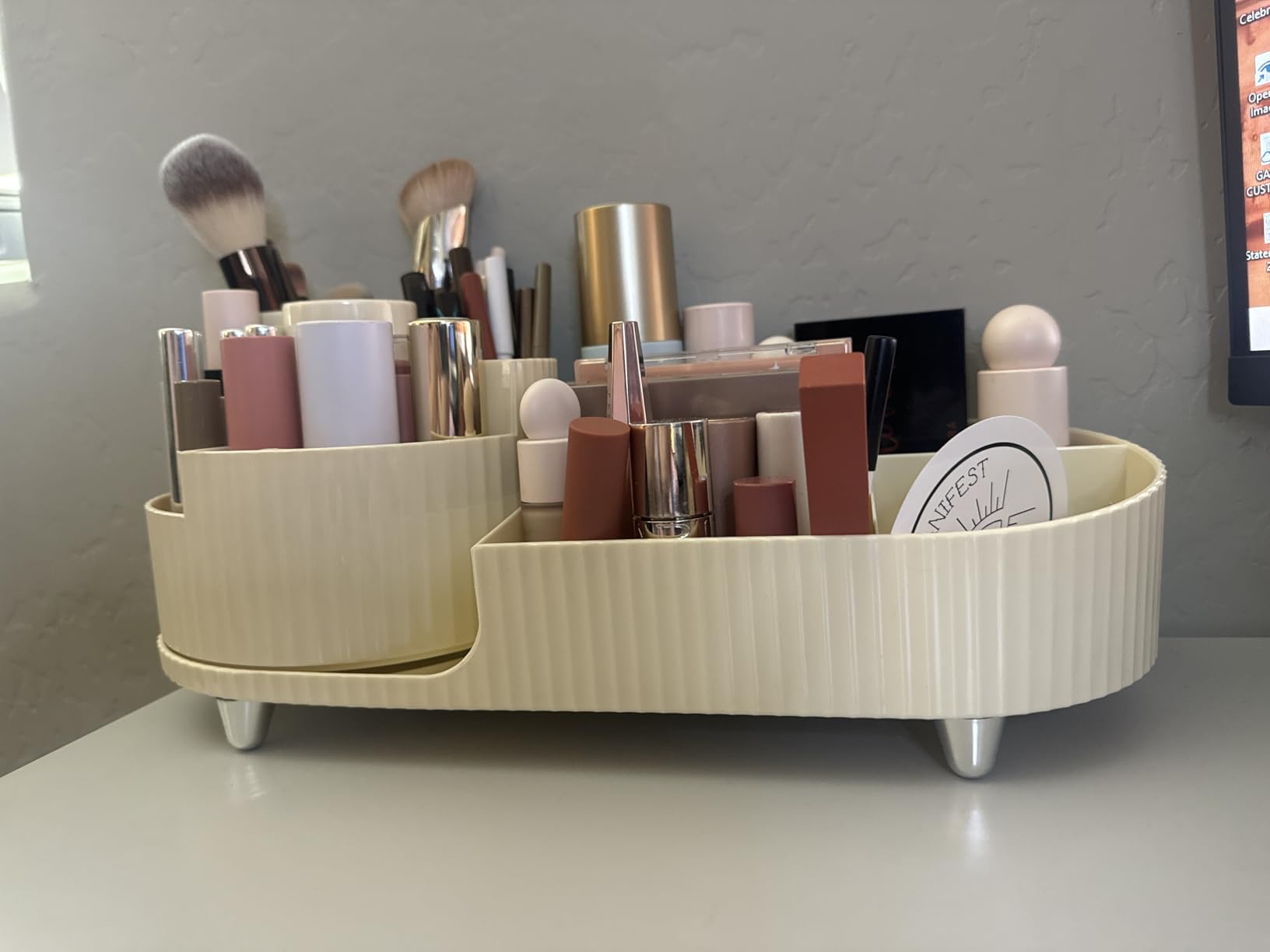 Rotating Makeup Organizer for Vanity with Brush Holder, Cosmetic Makeup Storage Organizer, Large Spinning Makeup Skincare Organizer, Countertop Makeup Perfume Organizer, Lotions Display Case Ivory customer photo 1