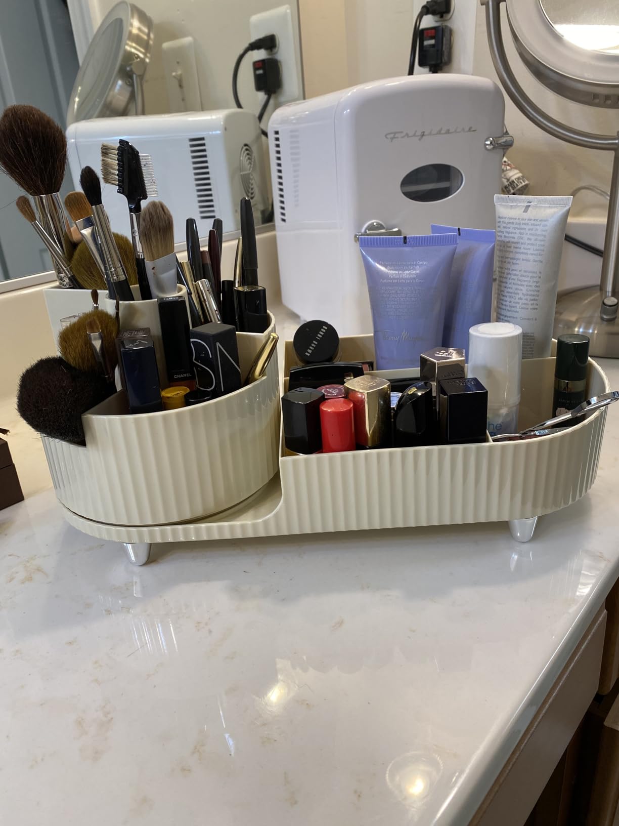 Rotating Makeup Organizer for Vanity with Brush Holder, Cosmetic Makeup Storage Organizer, Large Spinning Makeup Skincare Organizer, Countertop Makeup Perfume Organizer, Lotions Display Case Ivory customer photo 2