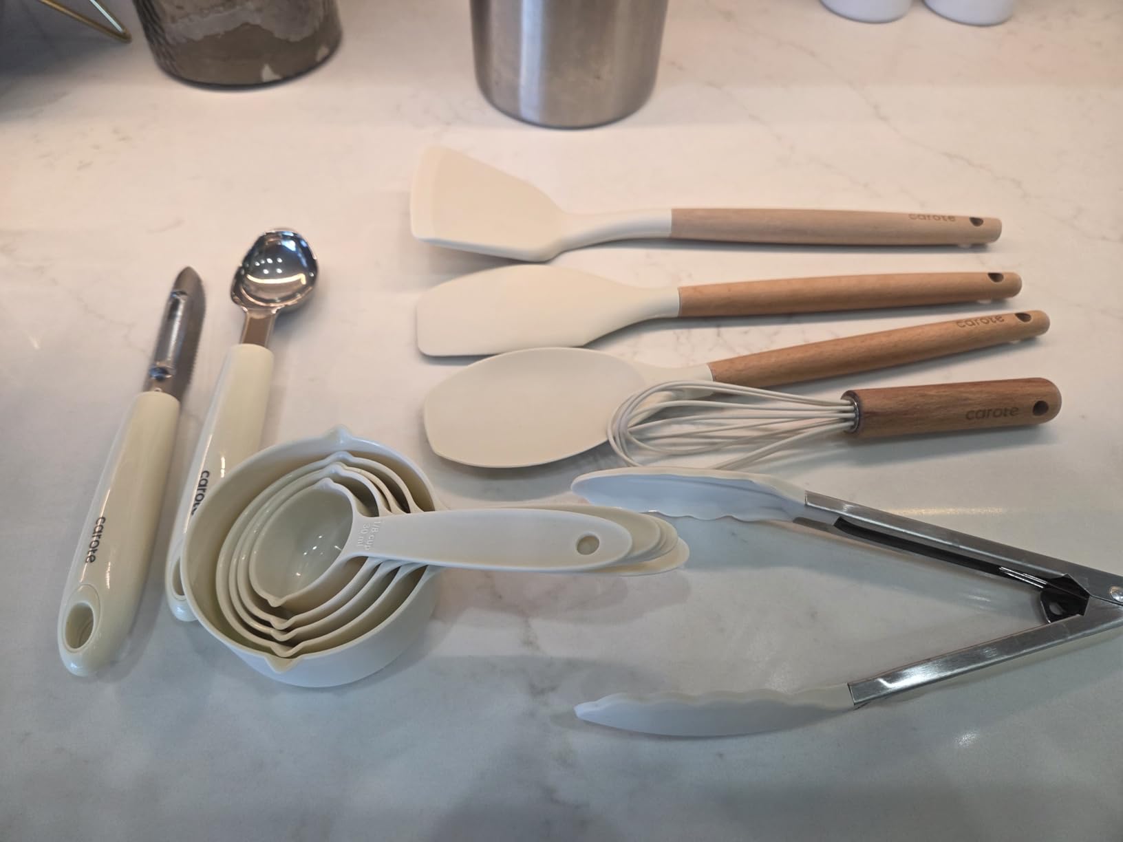 CAROTE Silicone Cooking Utensils Set, Kitchen Utensils Set 10 Pcs for cooking, BPA Free Spatula Set with Heat Resistant Wood Handles for Nonstick Cookware (Cream White) customer photo 2