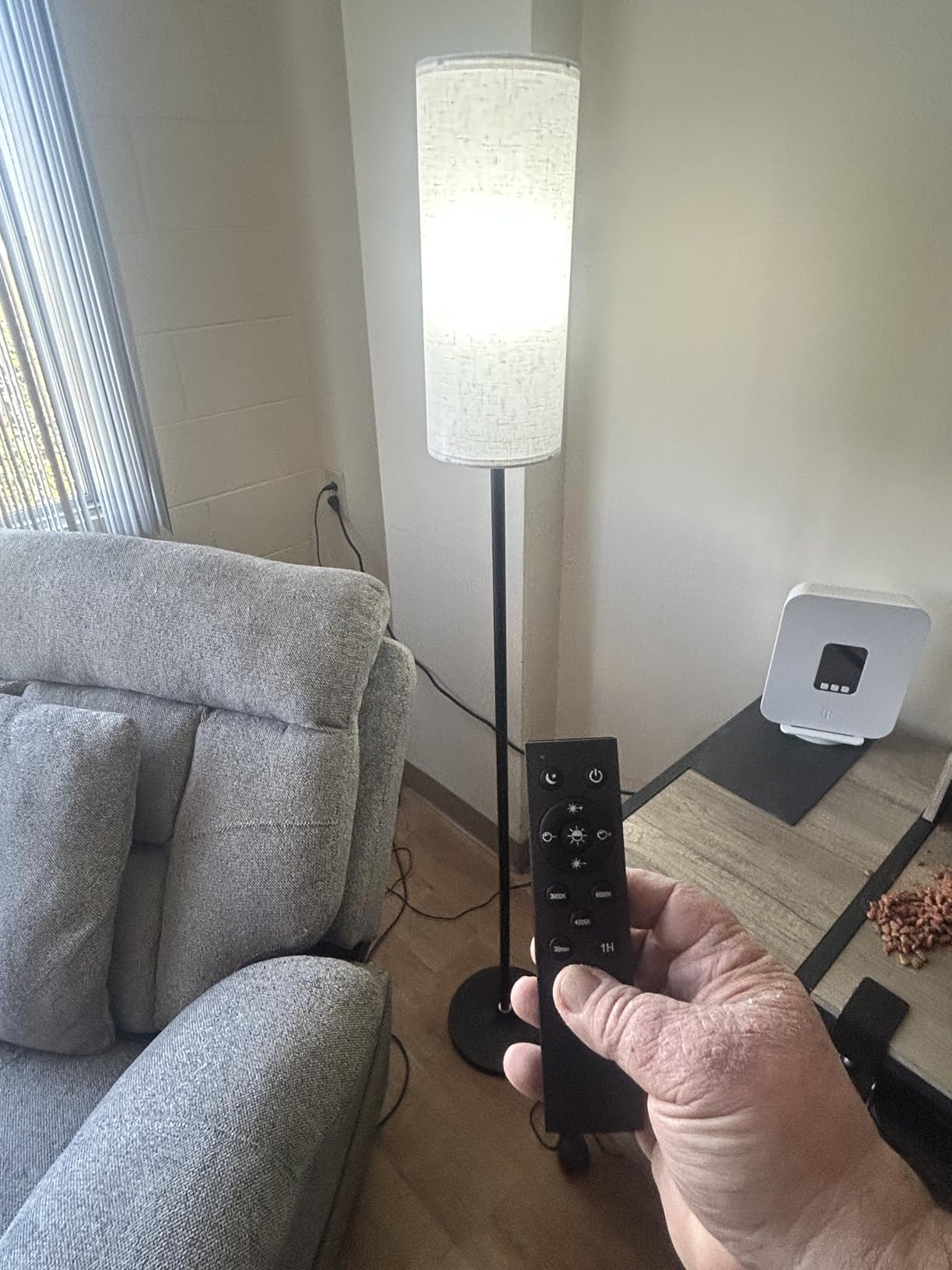 luckystyle Dimmable Floor Standing Tall Lamp, 12W Led Bulb with Lampshade, Foot Switch, Remote Custom Color Temperature Pole for Bedroom, Office, Kids & Living Room, Black customer photo 1