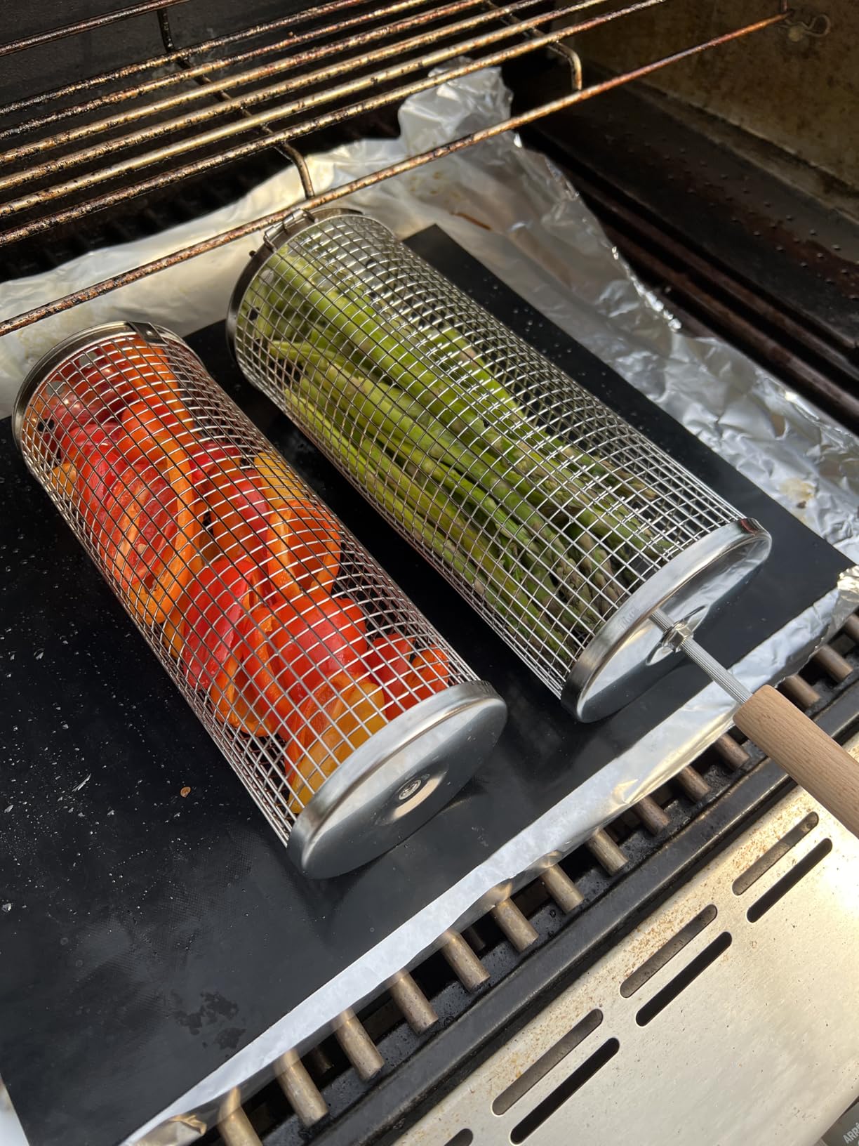 Rolling Grill Basket, Removable Wooden Handle, 304 Stainless Steel, Nesting BBQ Tools, Smoker Grilling Accessories for Vegetable, Outdoor Cooking Camping, Birthday Gifts for Men Dad Husband customer photo 1