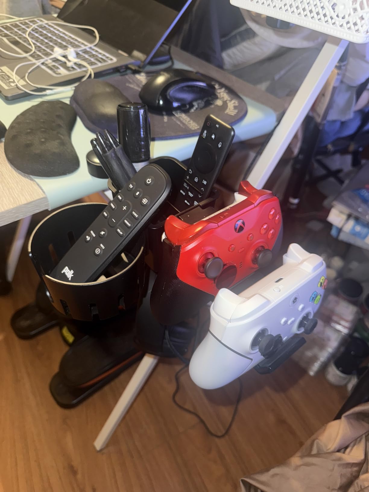 KDD 5 in 1 Desk Controller Holder - Rotating Headphone Hanger with Cup Holder - Clamp On Desk Organizer Holds Controller, Headphone, Cup, Mobile Phone and Pen (Black) customer photo 1