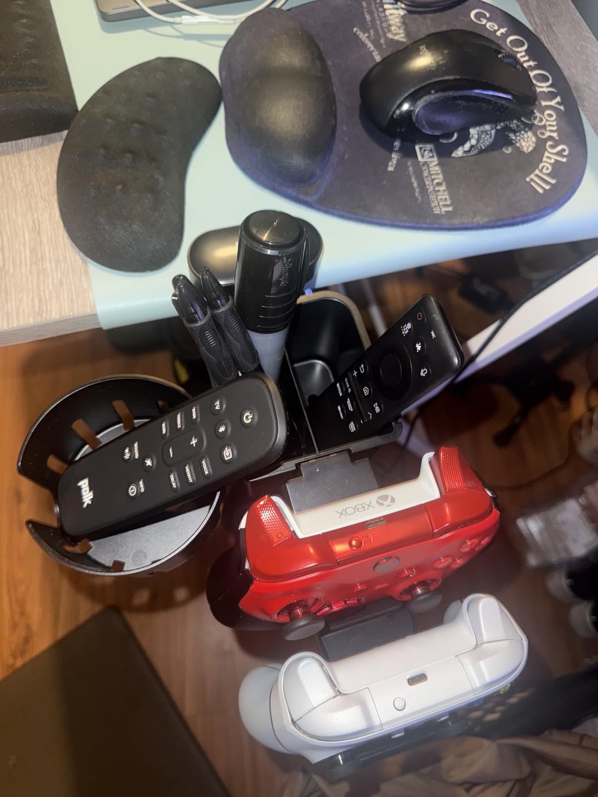 KDD 5 in 1 Desk Controller Holder - Rotating Headphone Hanger with Cup Holder - Clamp On Desk Organizer Holds Controller, Headphone, Cup, Mobile Phone and Pen (Black) customer photo 2