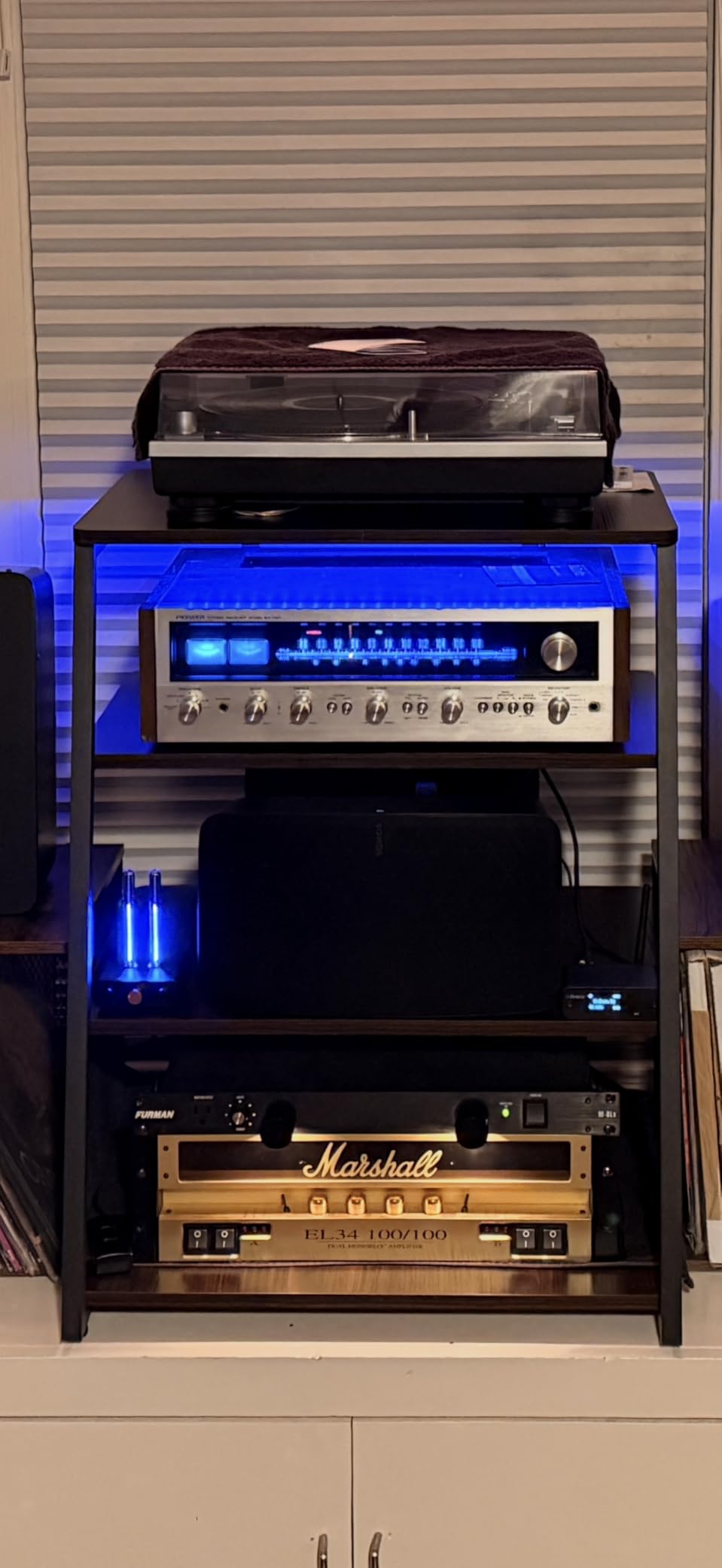 Armocity 4-Tier AV Media Stand with Power Strips, Corner TV Stand with LED Lights, Rack Audio Tower with Adjustable Shelves, Corner Entertainment Center, 30'', Black Walnut customer photo 1