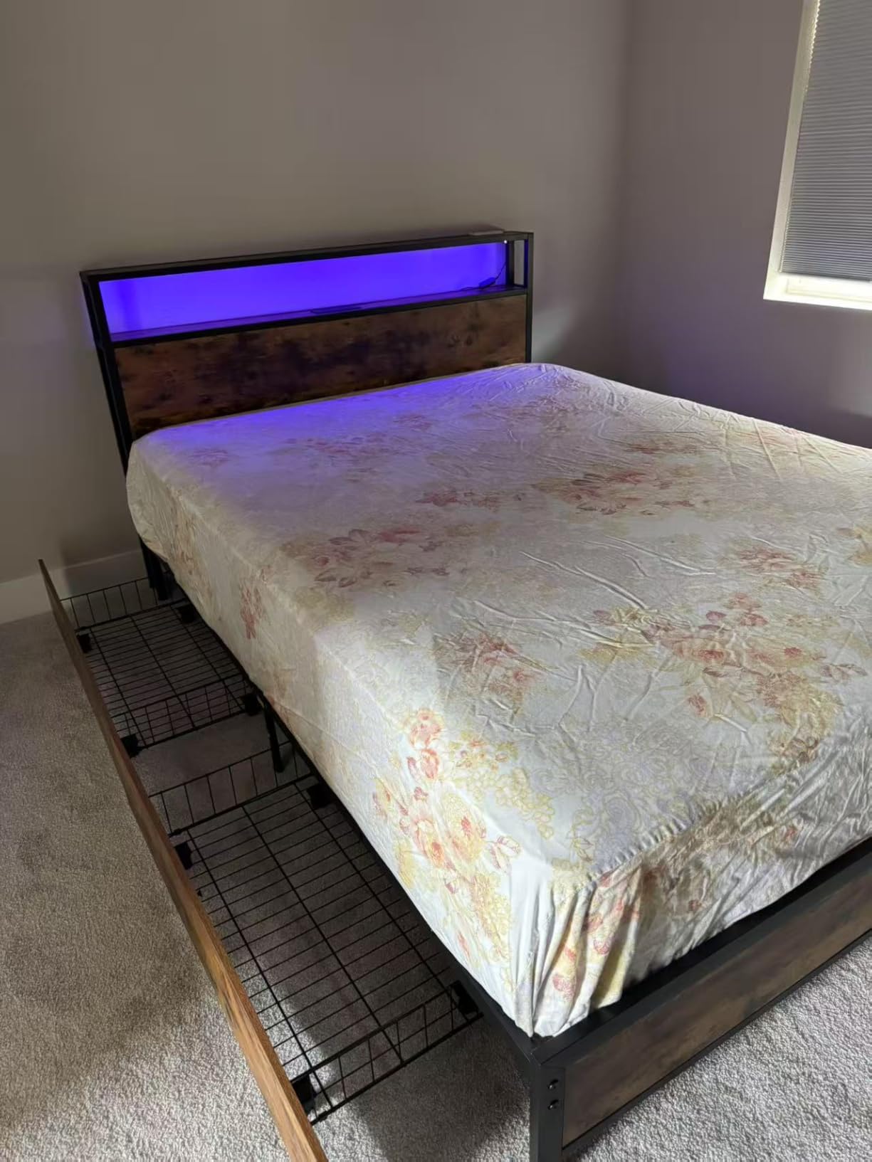 Lifezone Queen Bed Frame with 2-Tier Storage Headboard, Metal Platform Bed Frame with 4 Storage Drawers, Built in Charging Station & LED, Vintage Brown customer photo 2