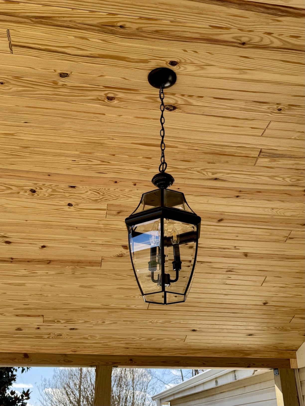 Large Outdoor Pendant Light Fixture 3-Light, 20in Modern Bronze Outdoor Chandelier Hanging Porch Light, Metal Exterior Ceiling Mount Hanging Lantern with Clear Glass for Front Door, Entrance, Gazebo customer photo 2