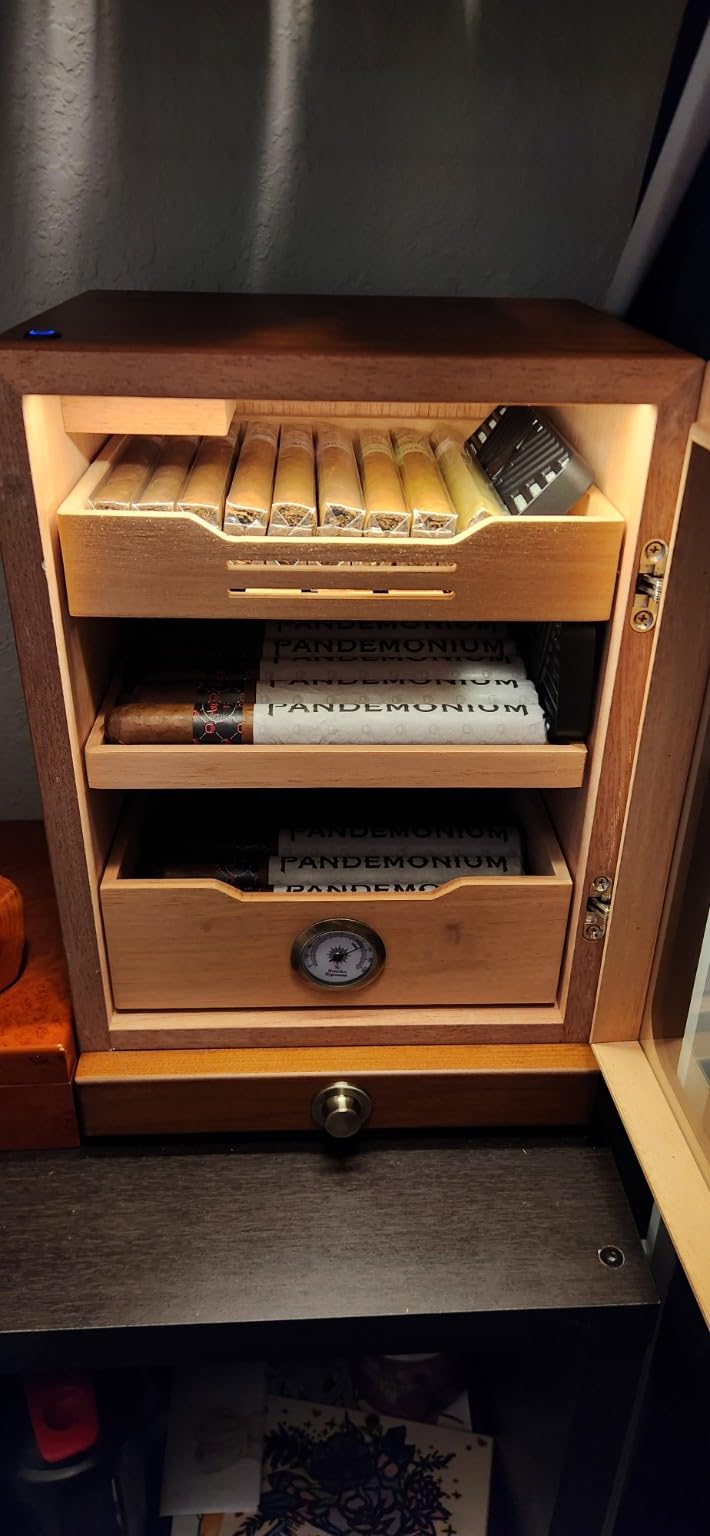 Cigar Humidor, Desktop Cigar Humidor Cabinet Light Control System with Spanish Cedar Wood Shelves, Hygrometer, 3 Humidifiers and Cigar Accessories Drawer, Father's Day Gift for Men (Black) customer photo 1