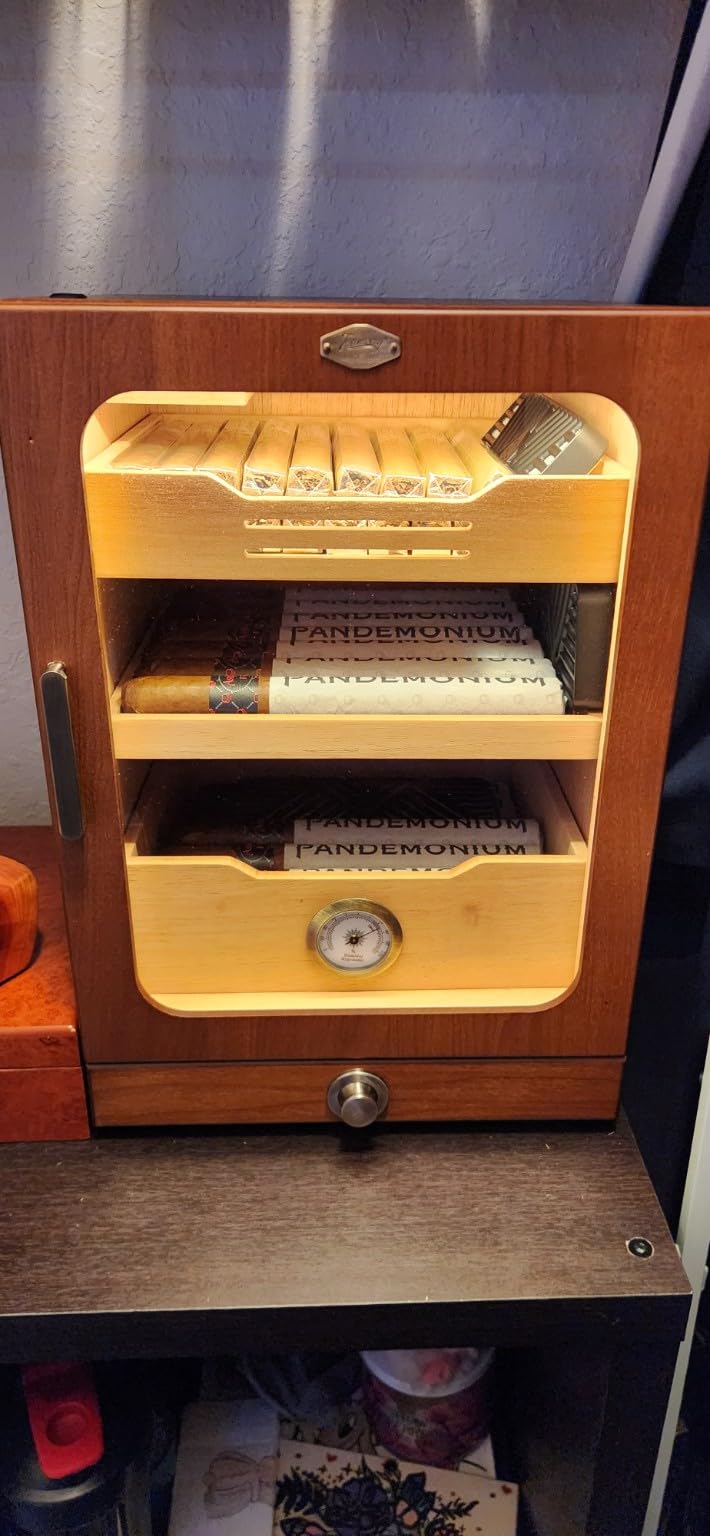 Cigar Humidor, Desktop Cigar Humidor Cabinet Light Control System with Spanish Cedar Wood Shelves, Hygrometer, 3 Humidifiers and Cigar Accessories Drawer, Father's Day Gift for Men (Black) customer photo 2