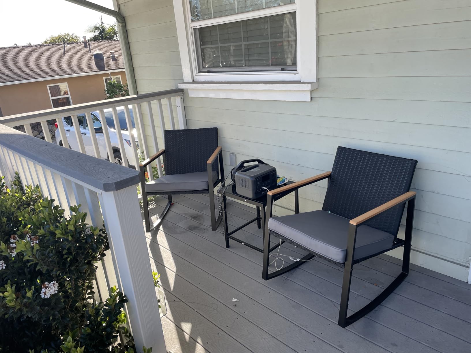 Gizoon 3 Pieces Rocking Patio Bistro Set with Anti-Scald Armrest, Outdoor Patio Wicker Furniture Set with Glass Table and Cushion for Garden, Yard, Porch customer photo 1