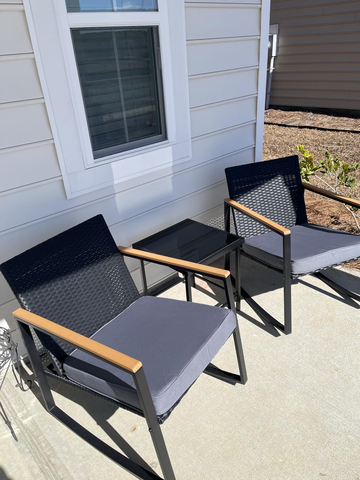 Gizoon 3 Pieces Rocking Patio Bistro Set with Anti-Scald Armrest, Outdoor Patio Wicker Furniture Set with Glass Table and Cushion for Garden, Yard, Porch customer photo 2