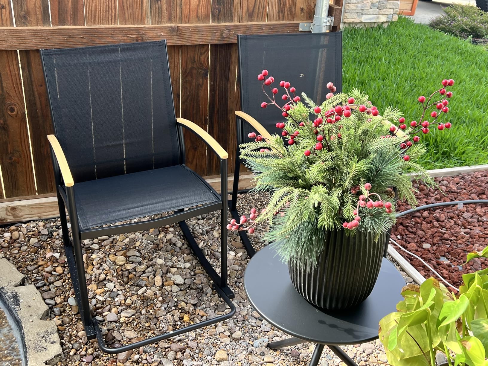 Shintenchi 3 Piece Outdoor Rocking Bistro Set, Textilene Fabric Small Patio Furniture Set, Front Porch Rocker Chairs Conversation Set with Table for Lawn, Garden, Balcony, Poolside (Black) customer photo 2