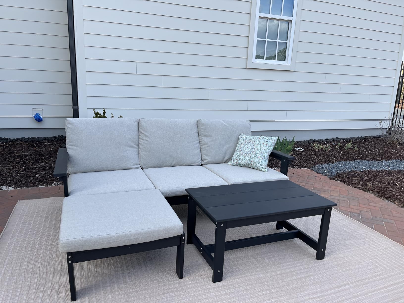 SERWALL HDPE Patio Conversation Set, 6-piece Sectional Outdoor Furniture Set, All Weather Outdoor Couch Set Patio Furniture Set for Deck, Lawn, Black Frame with Khaki Cushion customer photo 1