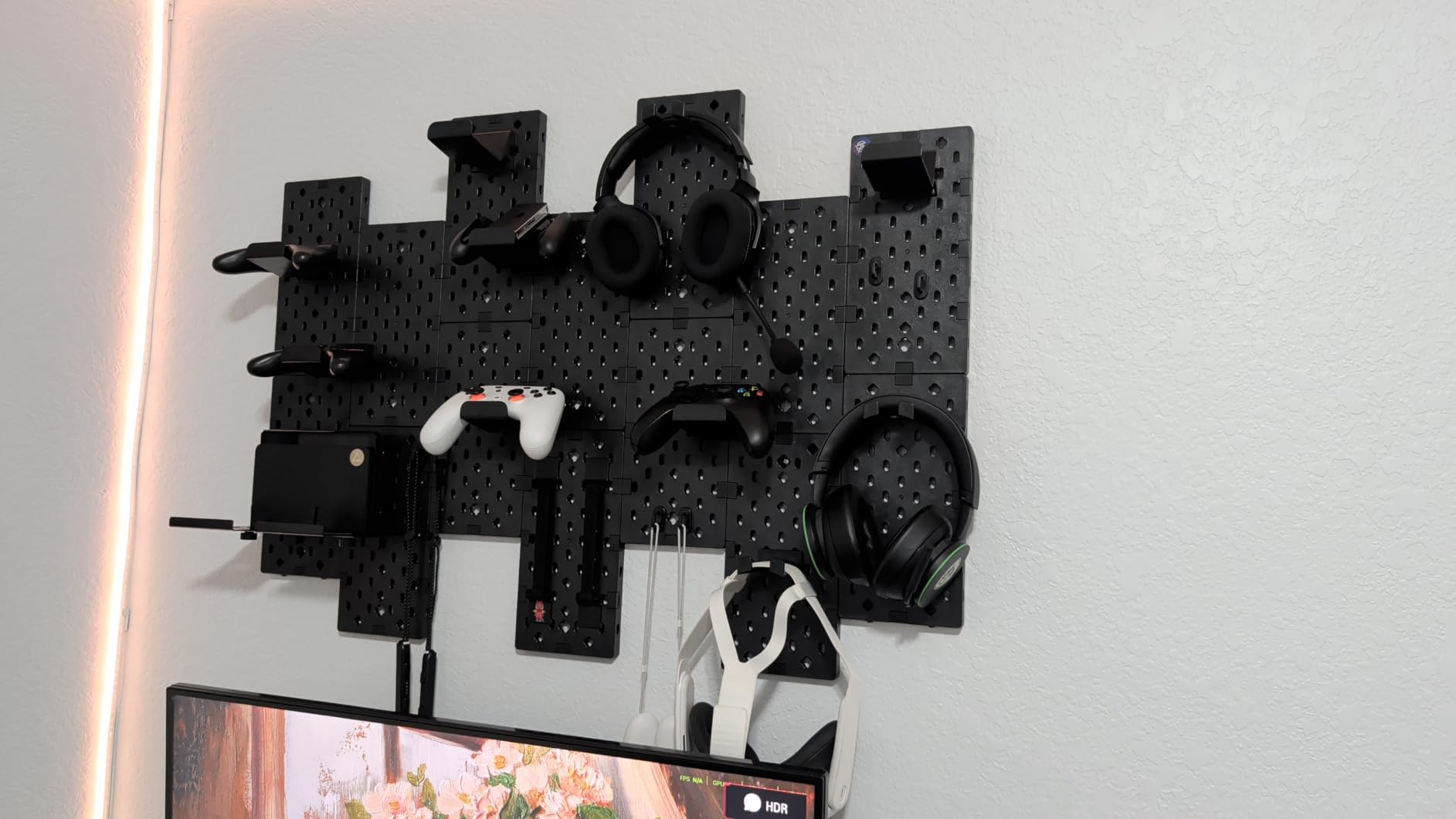 PEGZONE Controller and Headphone Holder Wall Mount, Modular Gaming Pegboard with Accessories, Controller Stand for Xbox PS5 PS4 Switch, Video Game Storage, Disc Shelf Organizer, 14pcs Pegboard, Black customer photo 2