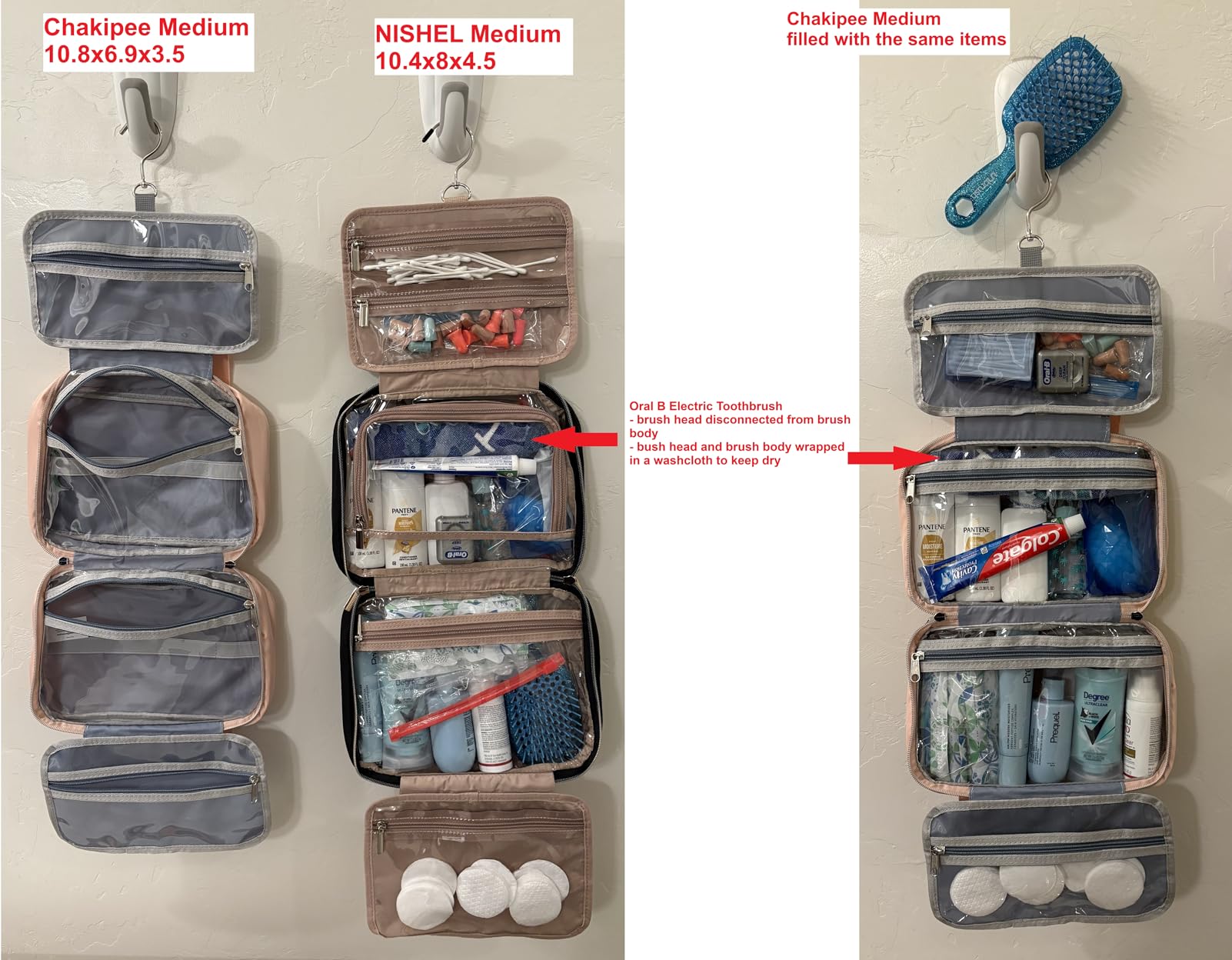 NISHEL Travel Toiletry Bag for women, Portable Hanging Organizer for Travel-Sized Shampoo, Conditioner, Brushes Set, makeup Accessories, Medium Size, Black customer photo 1