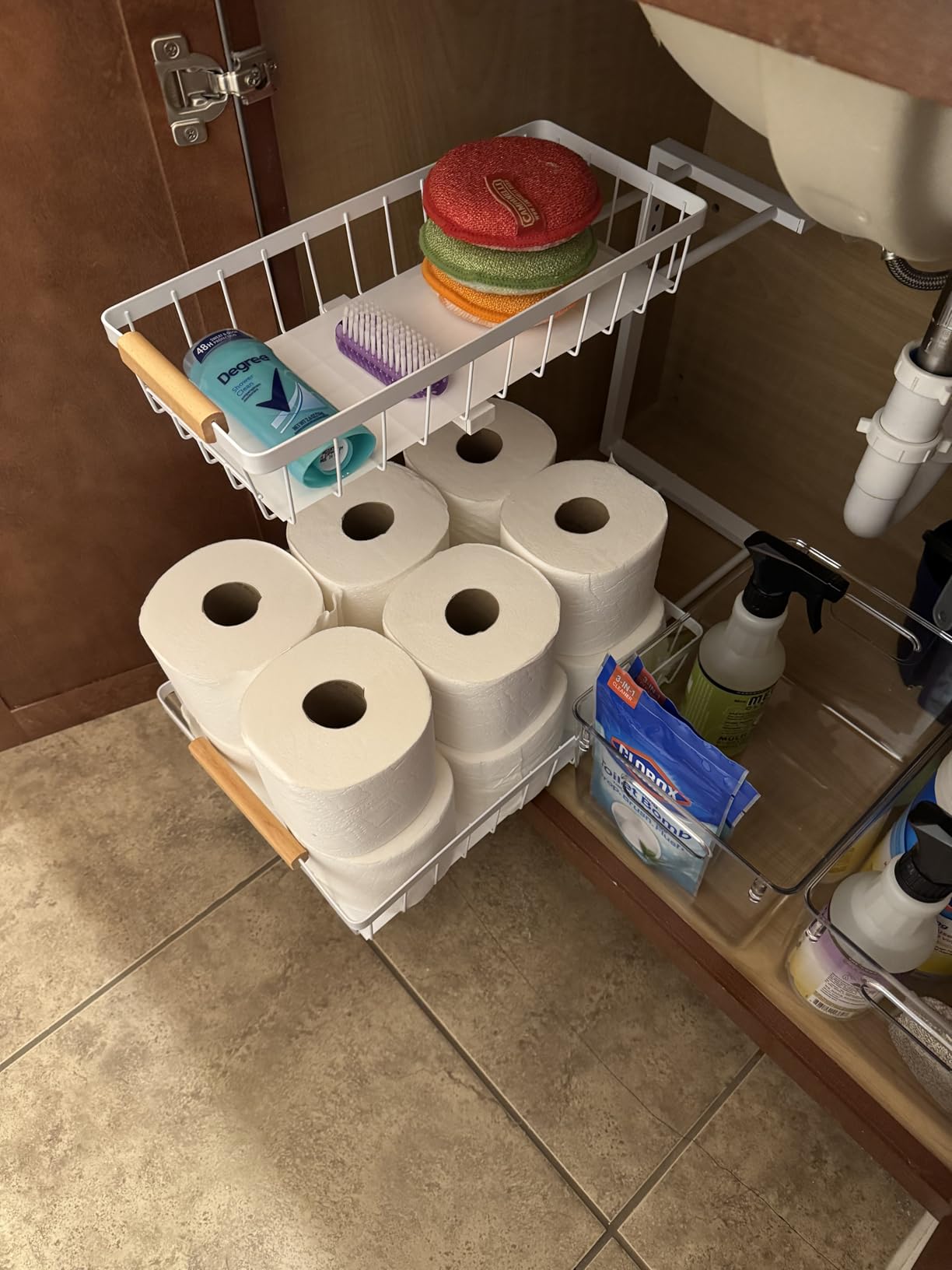 PXRACK Under Sink Organizer, Adjustable Height, 2-Pack 2 Tier Pull Out Under Cabinet Organizer, Slide Out Thickened Metal Under Sink Storage for Kitchen Bathroom Laundry Pantry Cabinet, L, White customer photo 2