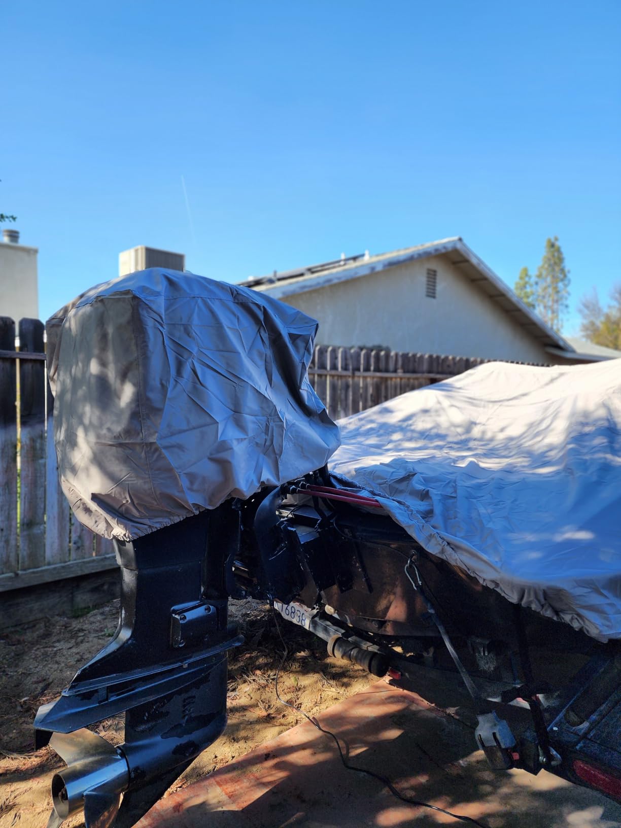 Solim Waterproof 1200D PU Boat Cover with Motor Cover, 17-19' Heavy Duty Marine Grade Trailerable Polyester Canvas, Fits 17-19ft Bass Boat, V-Hull, Runabout, Fishing, Ski Boat with Straps, Black customer photo 1