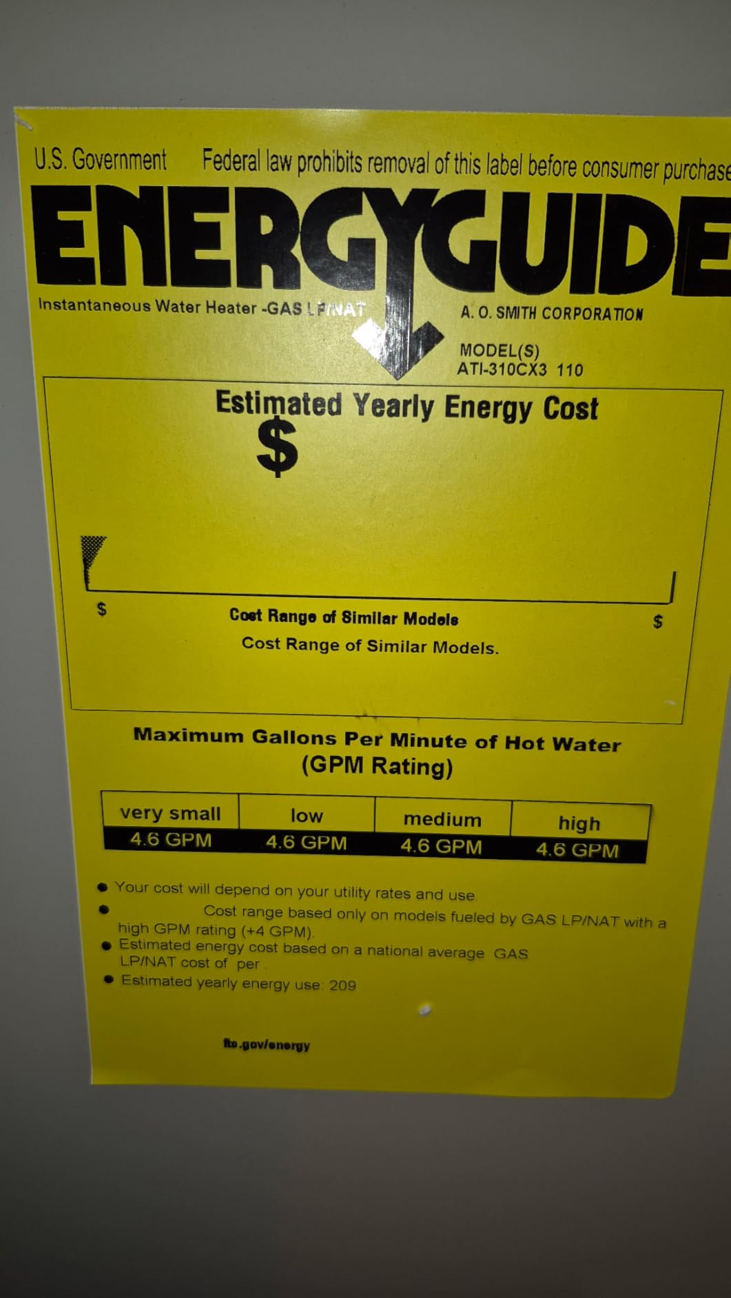 A.O. Smith Tankless Water Heater Gas - On Demand Hot Water - Indoor - 8 GPM - Non-Condensing Natural Gas with X3 Scale Prevention Technology - 190,000 BTU ProLine XE Concentric Vent - ATI-310CX3 customer photo 1